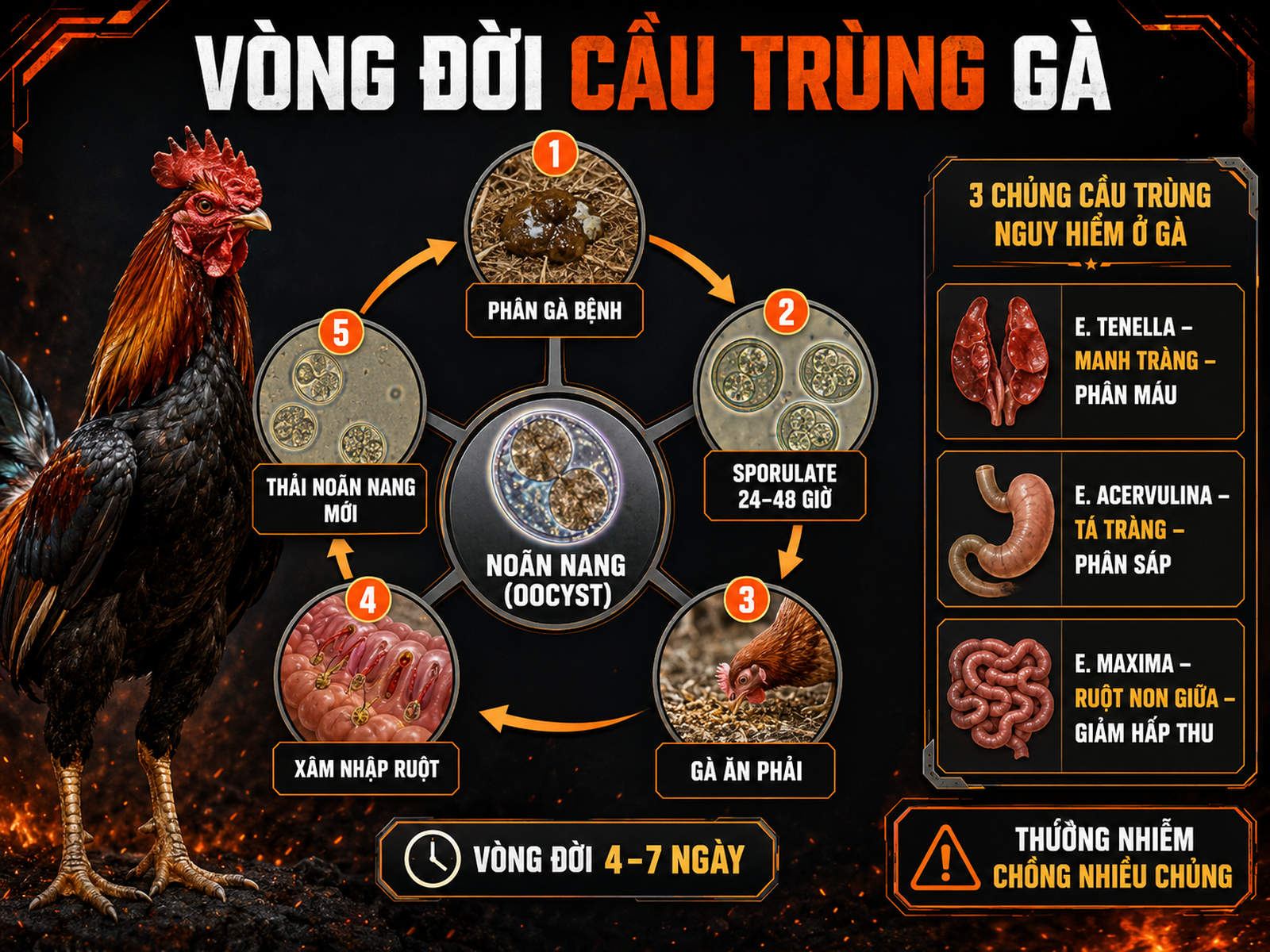 Sơ đồ vòng đời cầu trùng gà Eimeria và 3 chủng nguy hiểm gây phân máu phân sáp