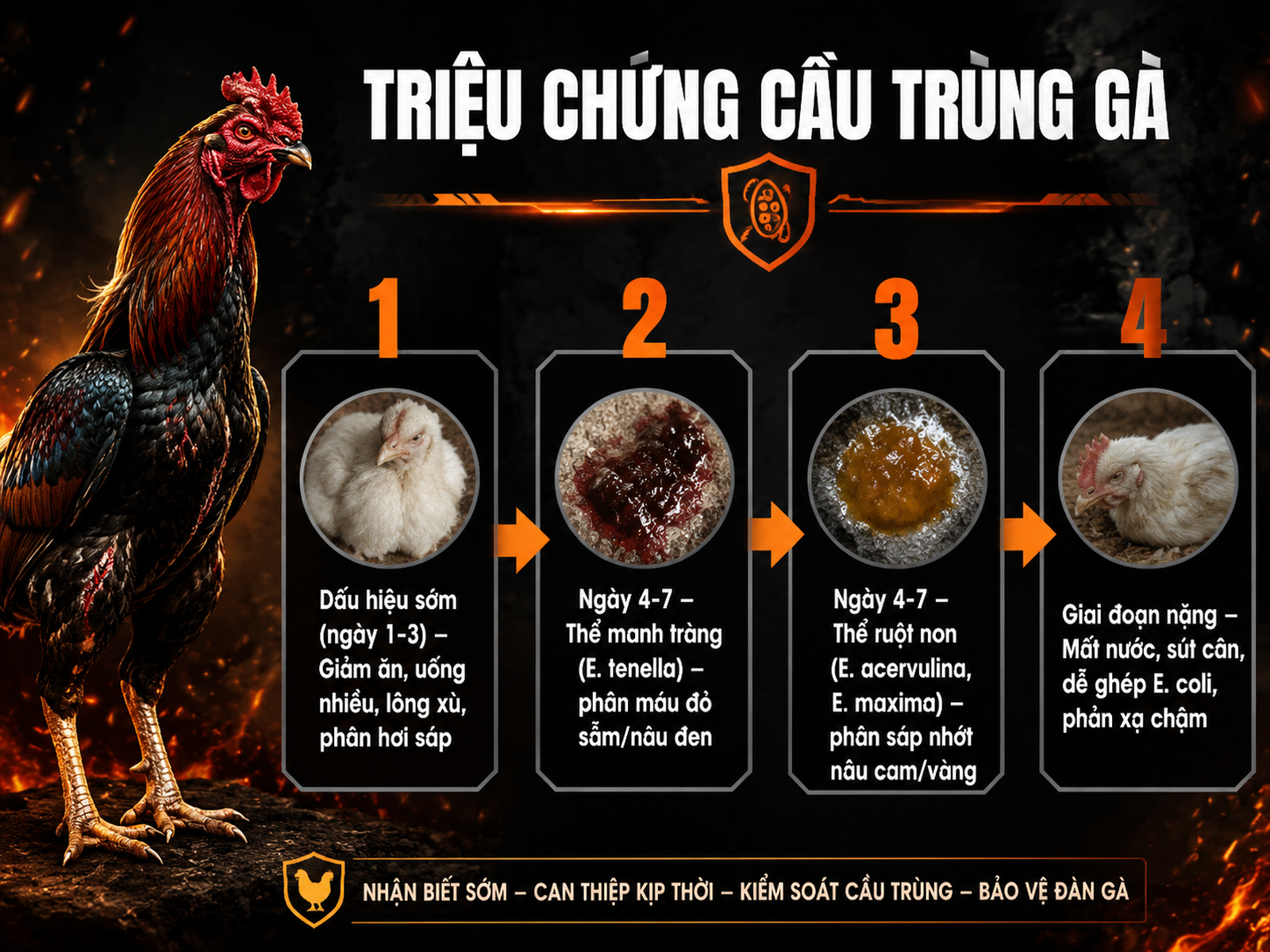 so sánh triệu chứng bệnh cầu trùng gà theo thể manh tràng và ruột non, từ dấu hiệu sớm đến giai đoạn nặng, gà chiến oai vệ