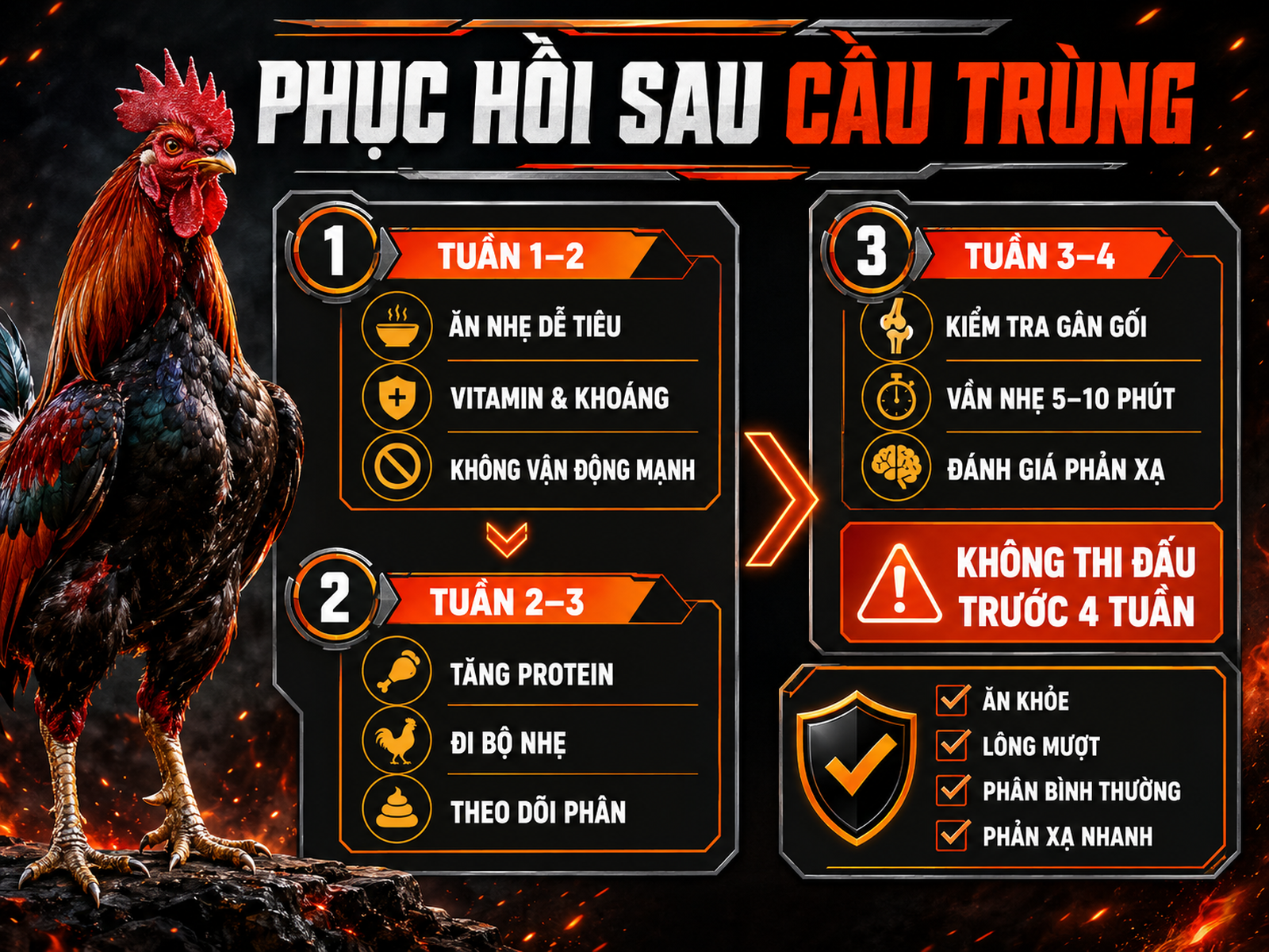 Infographic timeline phục hồi thể lực gà chiến sau bệnh cầu trùng 4 tuần với các mốc dinh dưỡng, vận động và đánh giá thể lực.