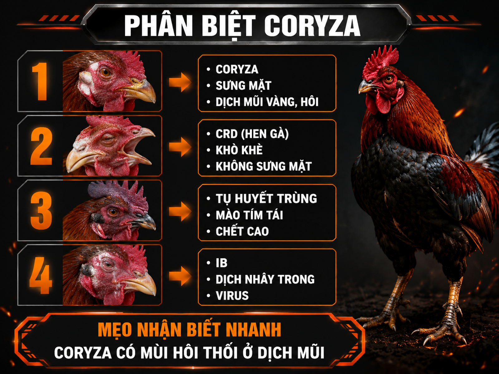 Infographic phân biệt Coryza với CRD, Tụ huyết trùng và IB ở gà bằng triệu chứng đặc trưng