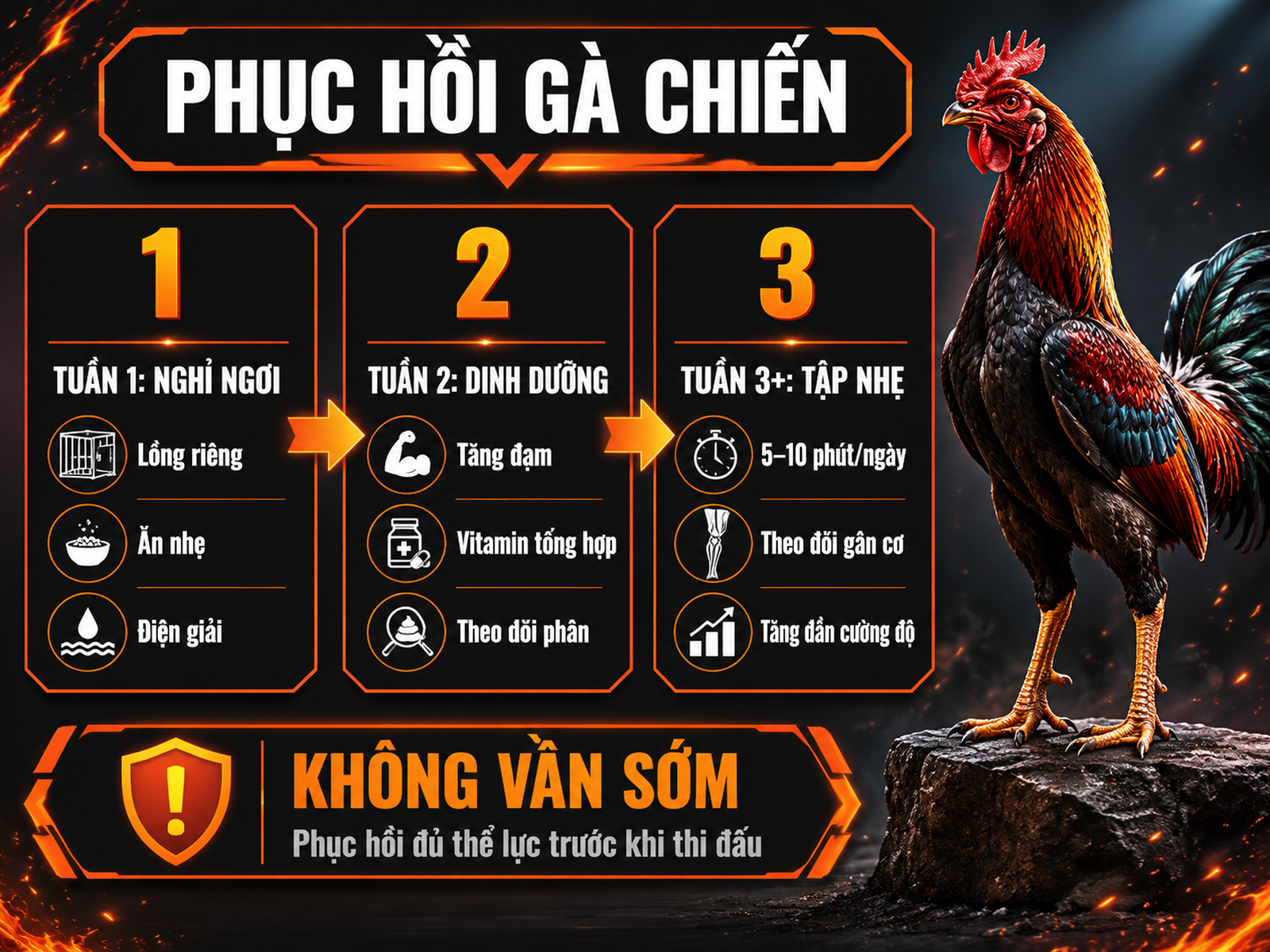 Infographic phục hồi gà chiến sau bệnh đầu đen theo từng tuần nghỉ ngơi, dinh dưỡng và tập nhẹ
