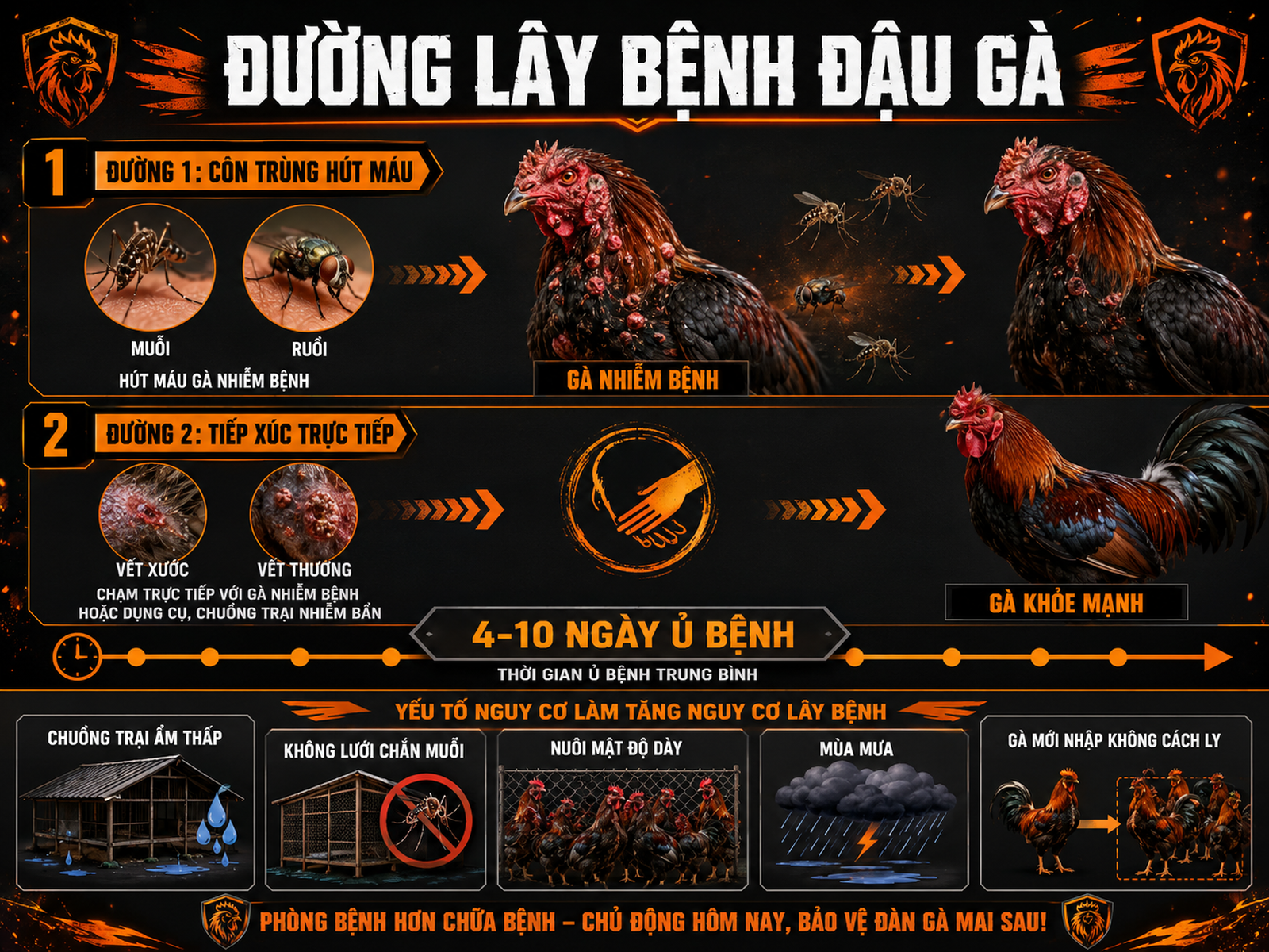 Sơ đồ đường lây truyền bệnh đậu gà ở gà chiến, hiển thị hai đường chính và yếu tố nguy cơ