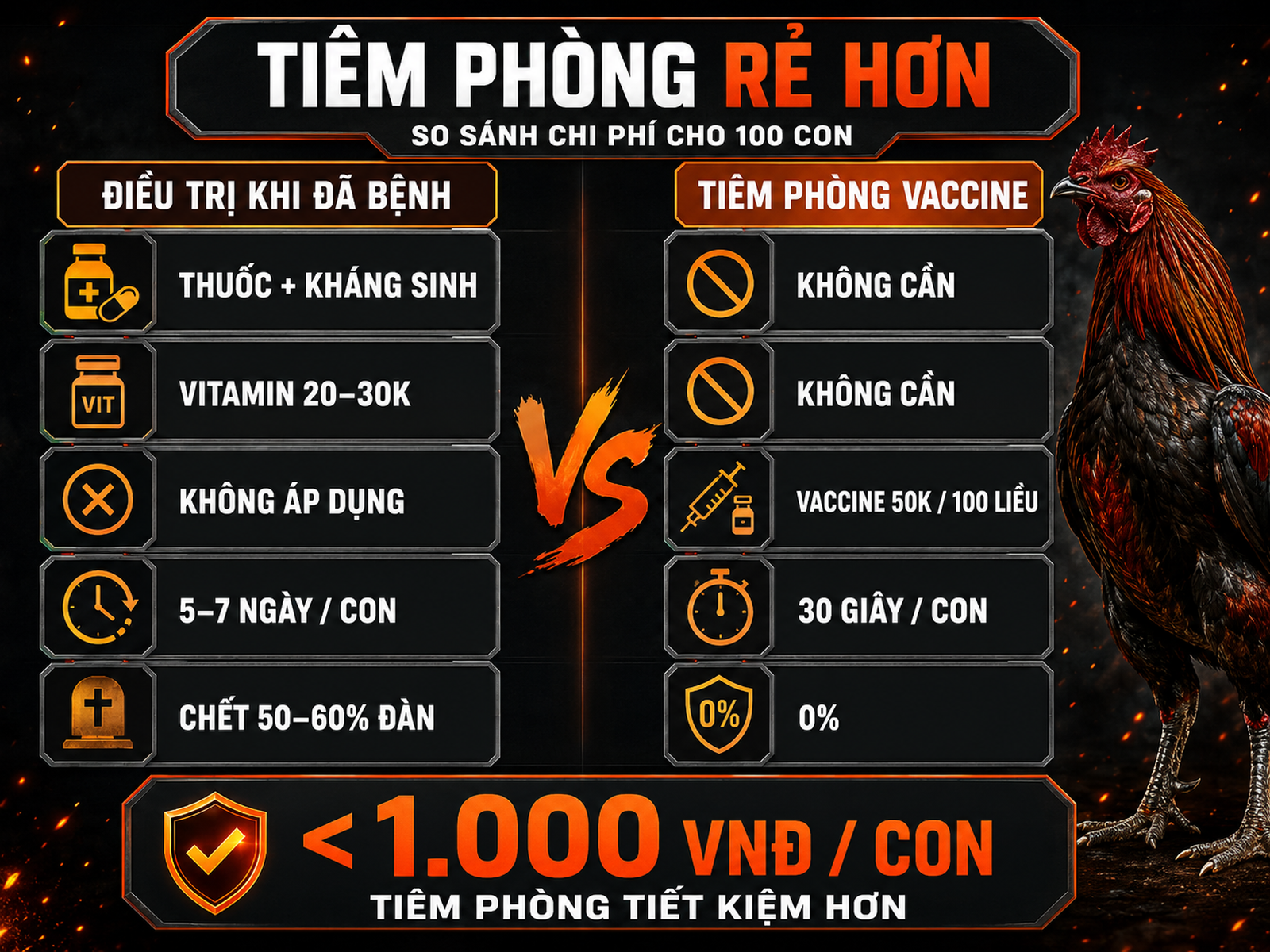 So sánh chi phí điều trị bệnh đậu gà và tiêm phòng vaccine cho đàn gà đá