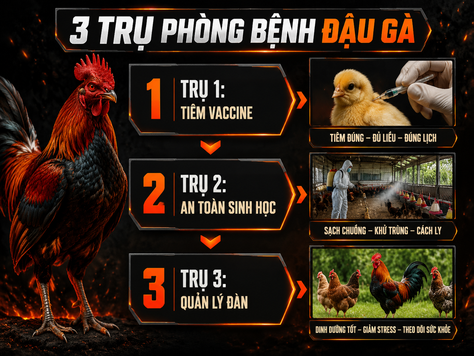 Infographic hướng dẫn 3 trụ phòng bệnh đậu gà: tiêm vaccine, vệ sinh chuồng, quản lý đàn
