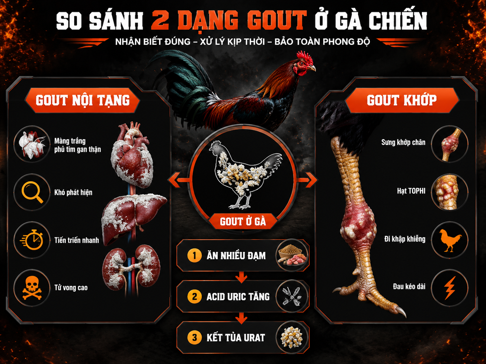 Infographic so sánh gout nội tạng và gout khớp ở gà chiến với cơ chế lắng đọng urat và triệu chứng đặc trưng.