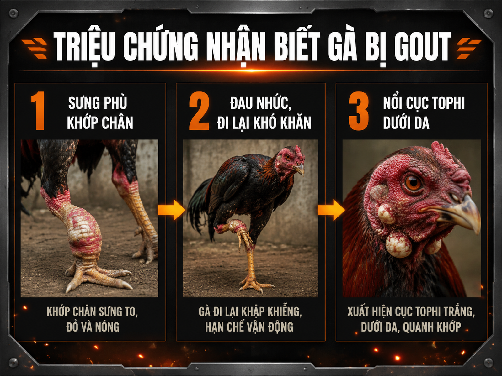 Triệu chứng gà bị gout: sưng khớp, hạt tophi, bỏ ăn, lông xù