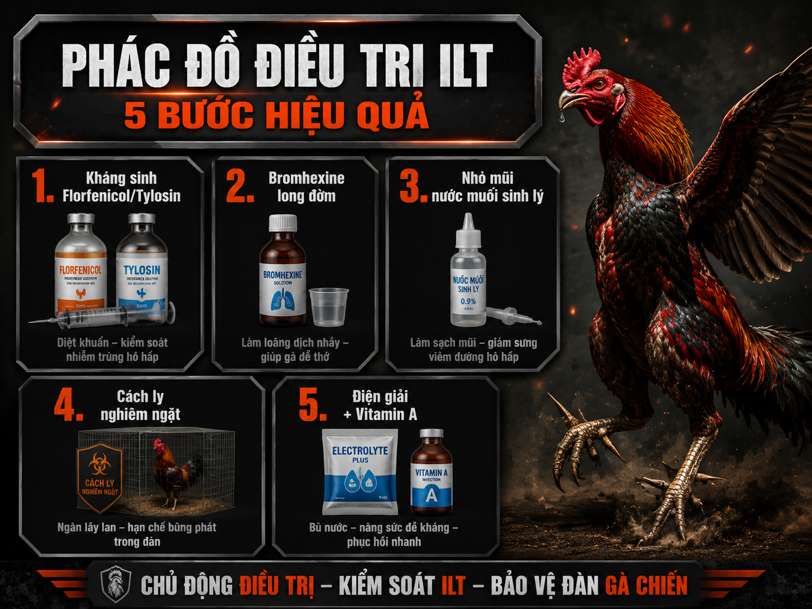 Infographic phác đồ điều trị ILT trên gà chiến, từng bước từ kháng sinh đến vitamin, minh hoạ rõ ràng