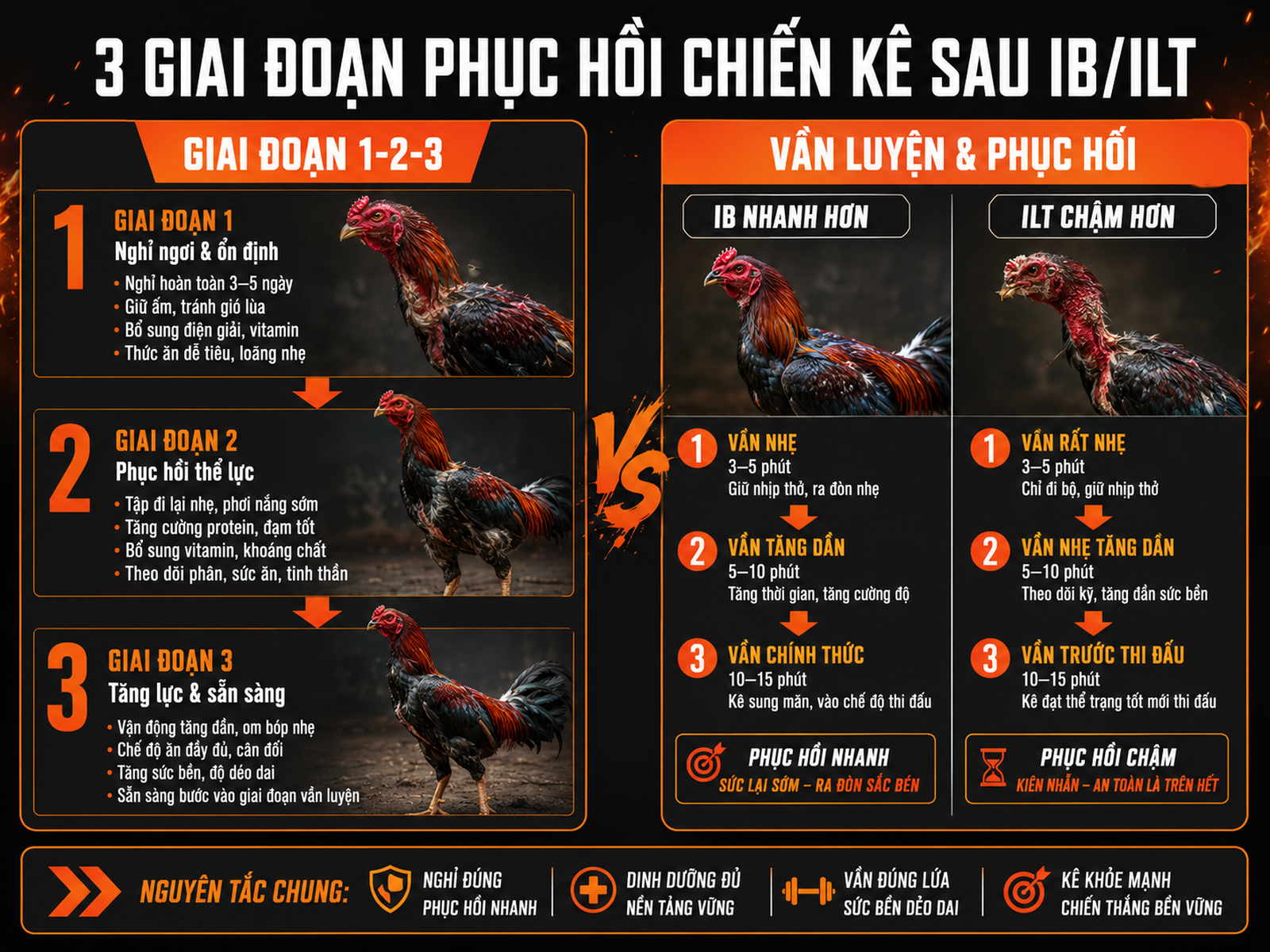 <vi SEO>Infographic hướng dẫn phục hồi thể lực gà chiến sau bệnh IB và ILT, chia theo giai đoạn và loại bệnh