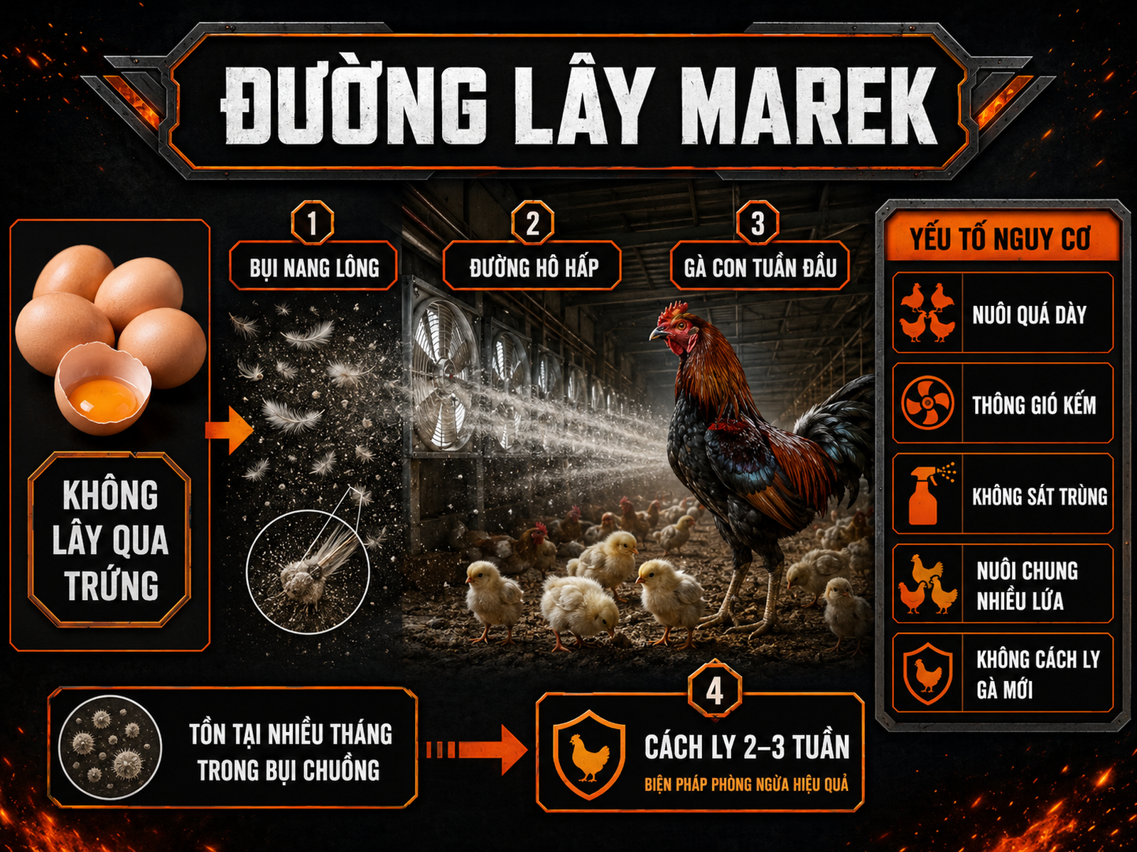 Infographic đường lây truyền bệnh Marek ở gà qua bụi nang lông, yếu tố nguy cơ và cách ly gà mới