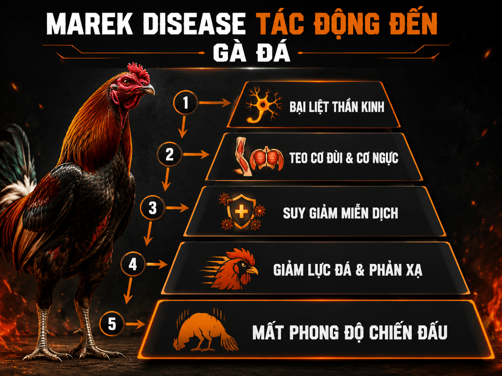 Diagram phân tầng cơ chế ảnh hưởng của bệnh Marek đến gà chiến, từ triệu chứng đến giảm khả năng thi đấu, vaccine phòng ngừa từ 1 ngày tuổi