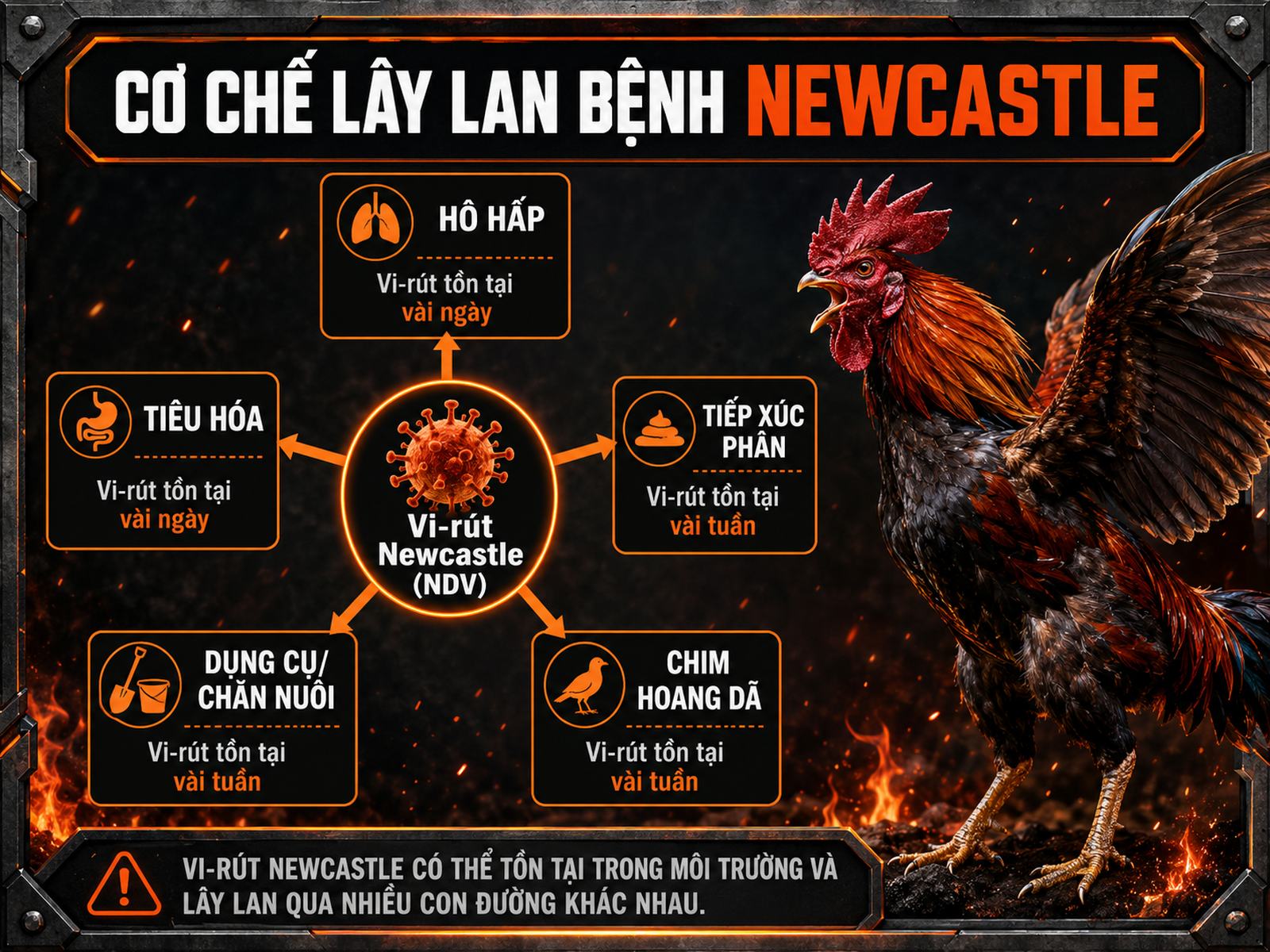 Sơ đồ lây lan vi-rút Bệnh Newcastle ở gà chiến, minh họa đường hô hấp, tiêu hóa, tiếp xúc phân và vật dụng, có chú thích tồn tại vi-rút