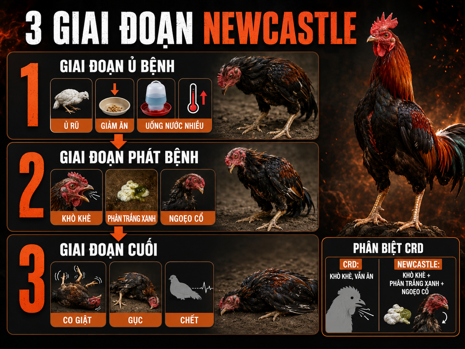Infographic triệu chứng bệnh Newcastle theo 3 giai đoạn và phân biệt với CRD ở gà đá