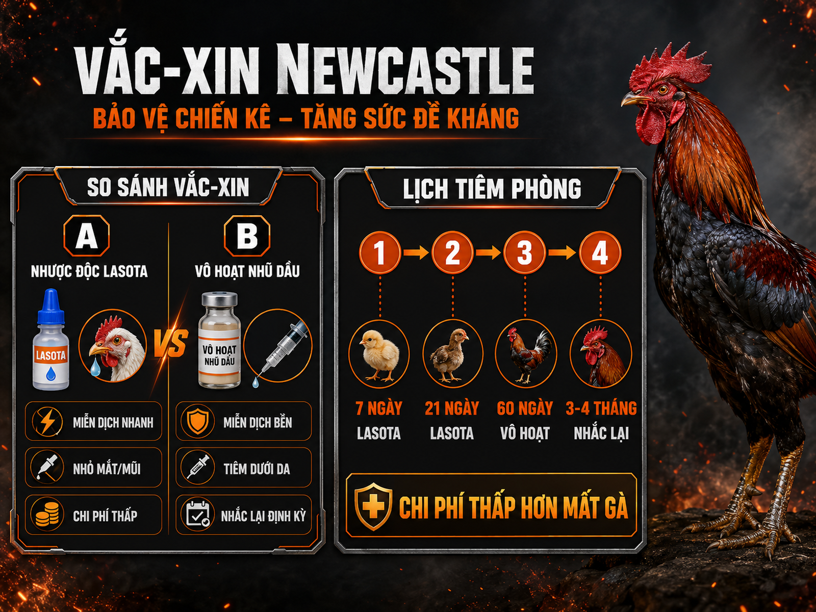 Infographic lịch tiêm vắc-xin Newcastle cho gà chiến và so sánh Lasota với vắc-xin vô hoạt nhũ dầu