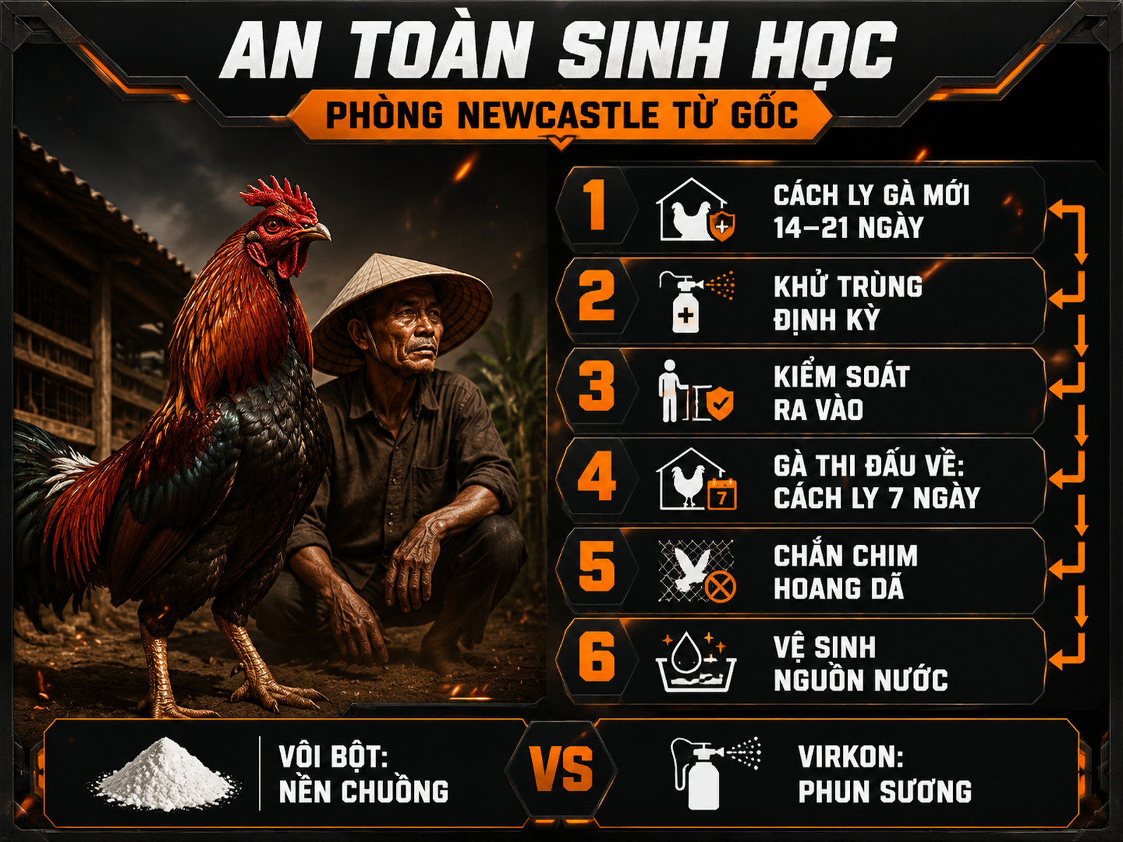 Infographic an toàn sinh học phòng bệnh Newcastle cho gà với 6 bước kiểm soát dịch bệnh và so sánh Vôi bột với Virkon.