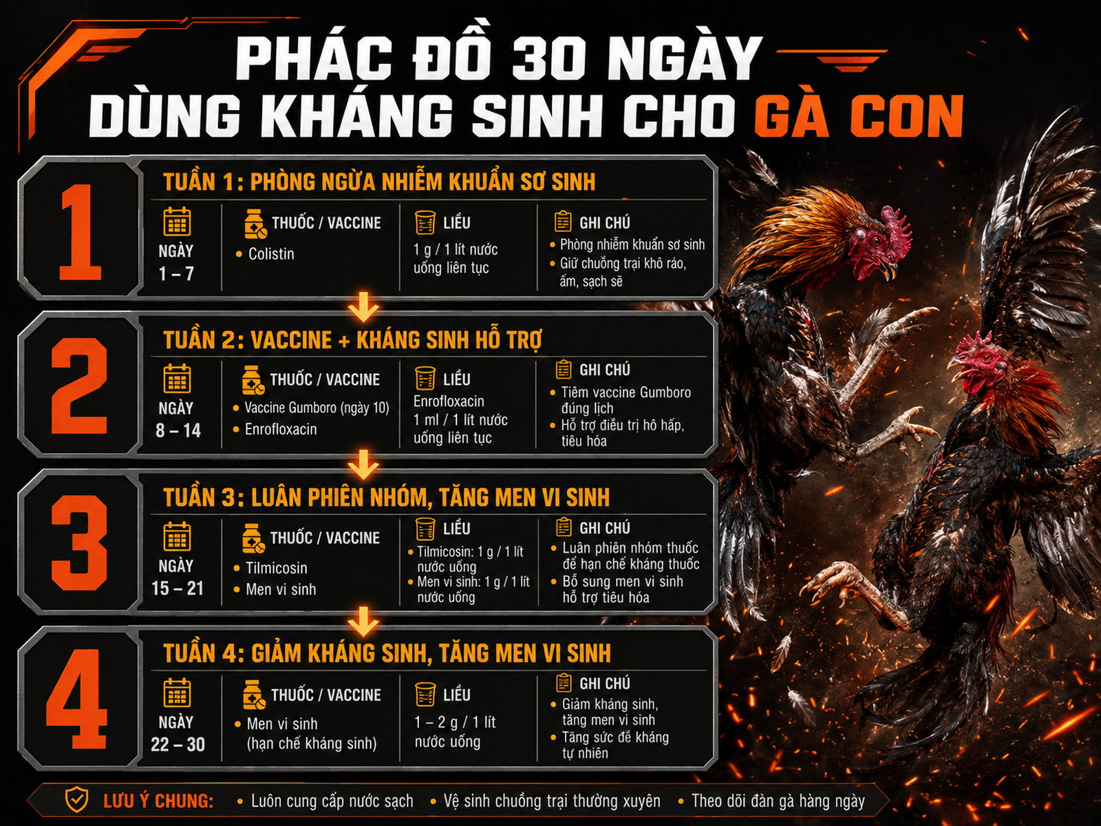 Phác đồ 30 ngày cho gà con: tuần 1-4, liều thuốc, vaccine, men vi sinh, infographic rõ ràng, style gà chiến mạnh mẽ