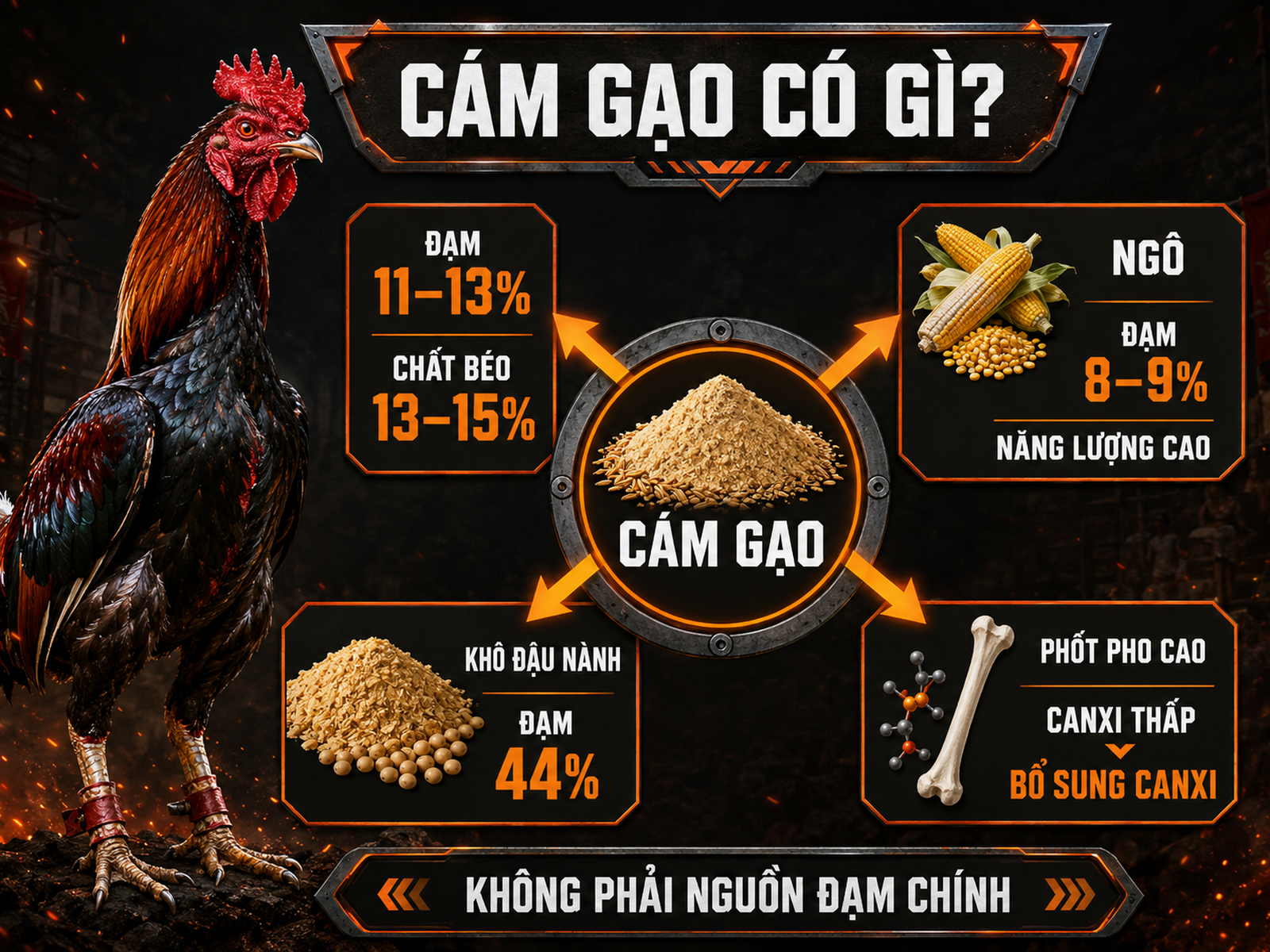 Infographic so sánh cám gạo, ngô và khô đậu nành cho gà đá, thành phần dinh dưỡng và tỷ lệ Canxi Phốt pho