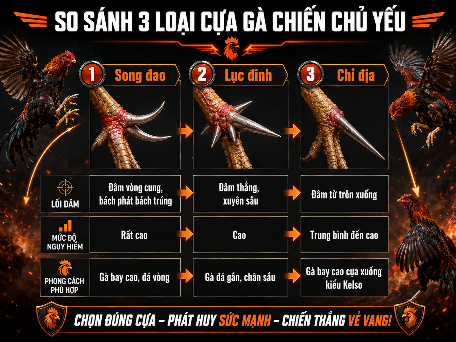 So sánh 3 loại cựa sắt cho gà đá: song đao, lục đinh, chỉ địa, góc đâm và sát thương