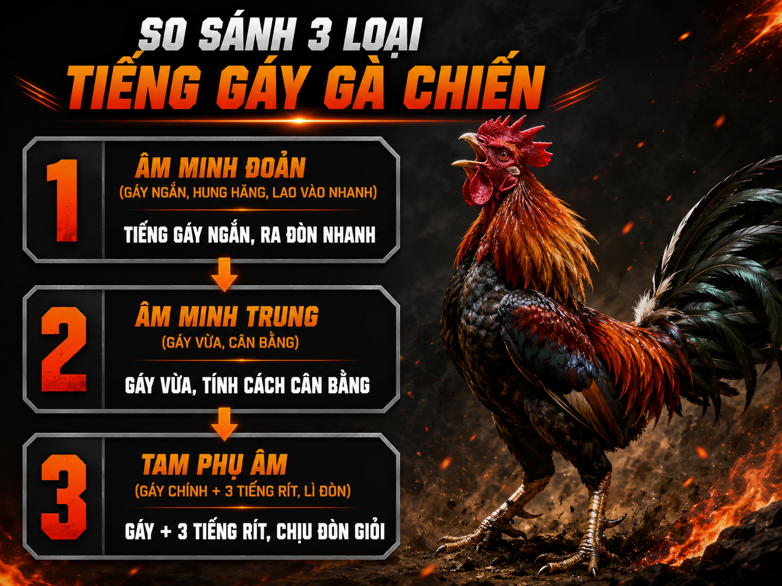 So sánh 3 loại tiếng gáy gà chiến: đoản, trung, tam phụ âm, phân tích tính cách và chiến thuật