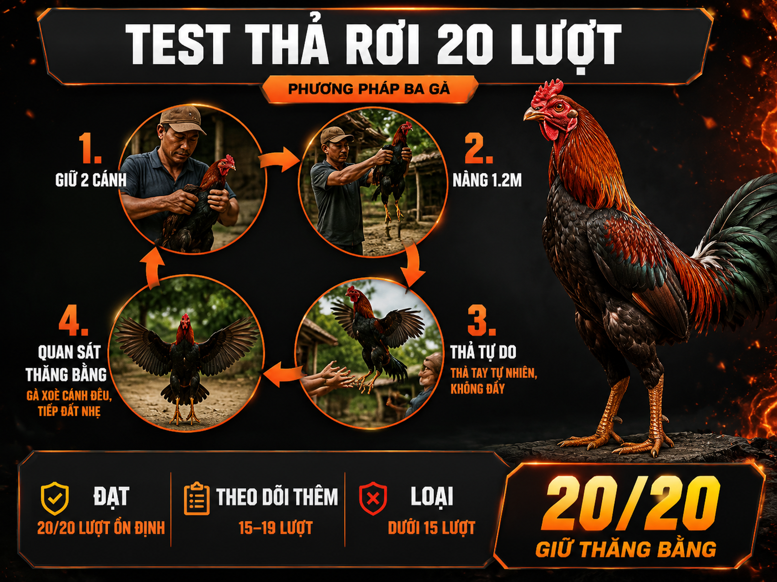 Infographic bài test thả rơi 20 lượt đánh giá thăng bằng và lực cánh gà đá cựa sắt