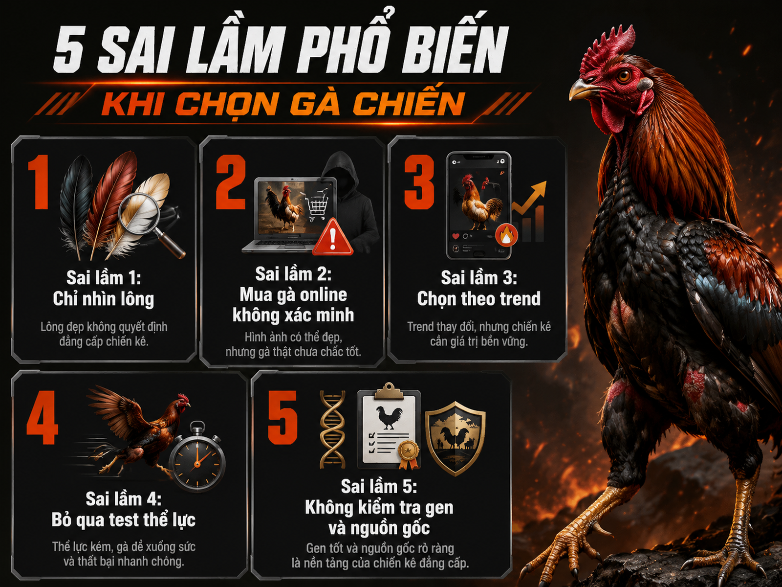 Infographic 5 sai lầm phổ biến khi chọn gà đá cựa sắt, hướng dẫn phòng tránh, style dark combat