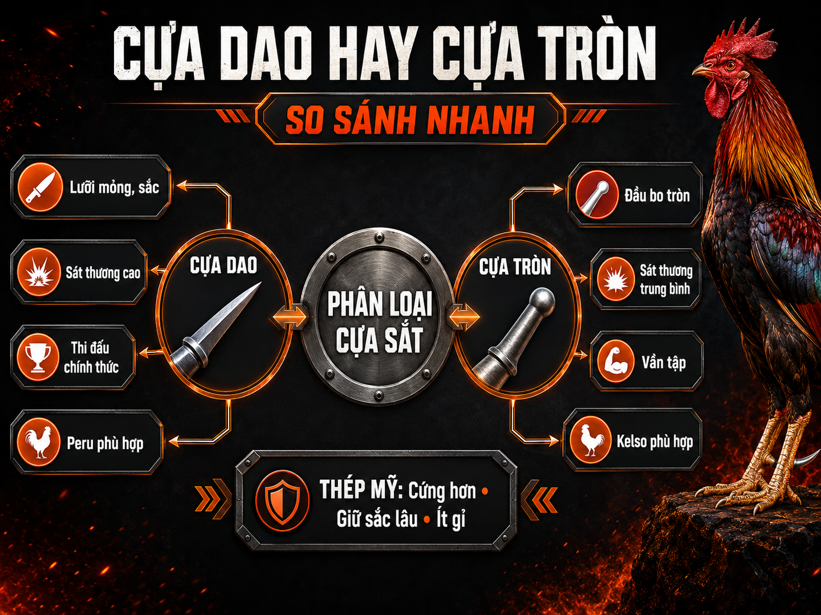 Infographic so sánh cựa dao và cựa tròn cho gà chiến, phân biệt công dụng, sát thương và dòng gà phù hợp