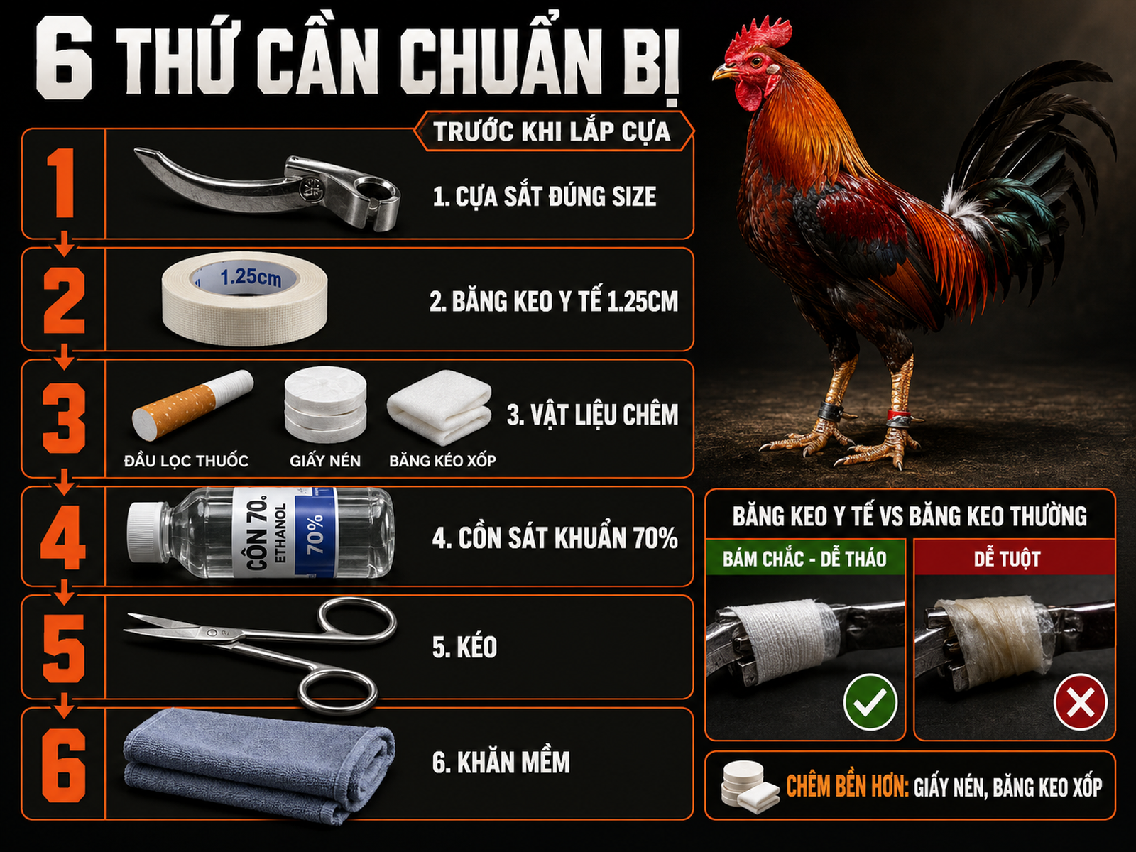 Infographic 6 dụng cụ cần chuẩn bị trước khi lắp cựa sắt cho gà chiến, băng keo y tế và vật liệu chêm