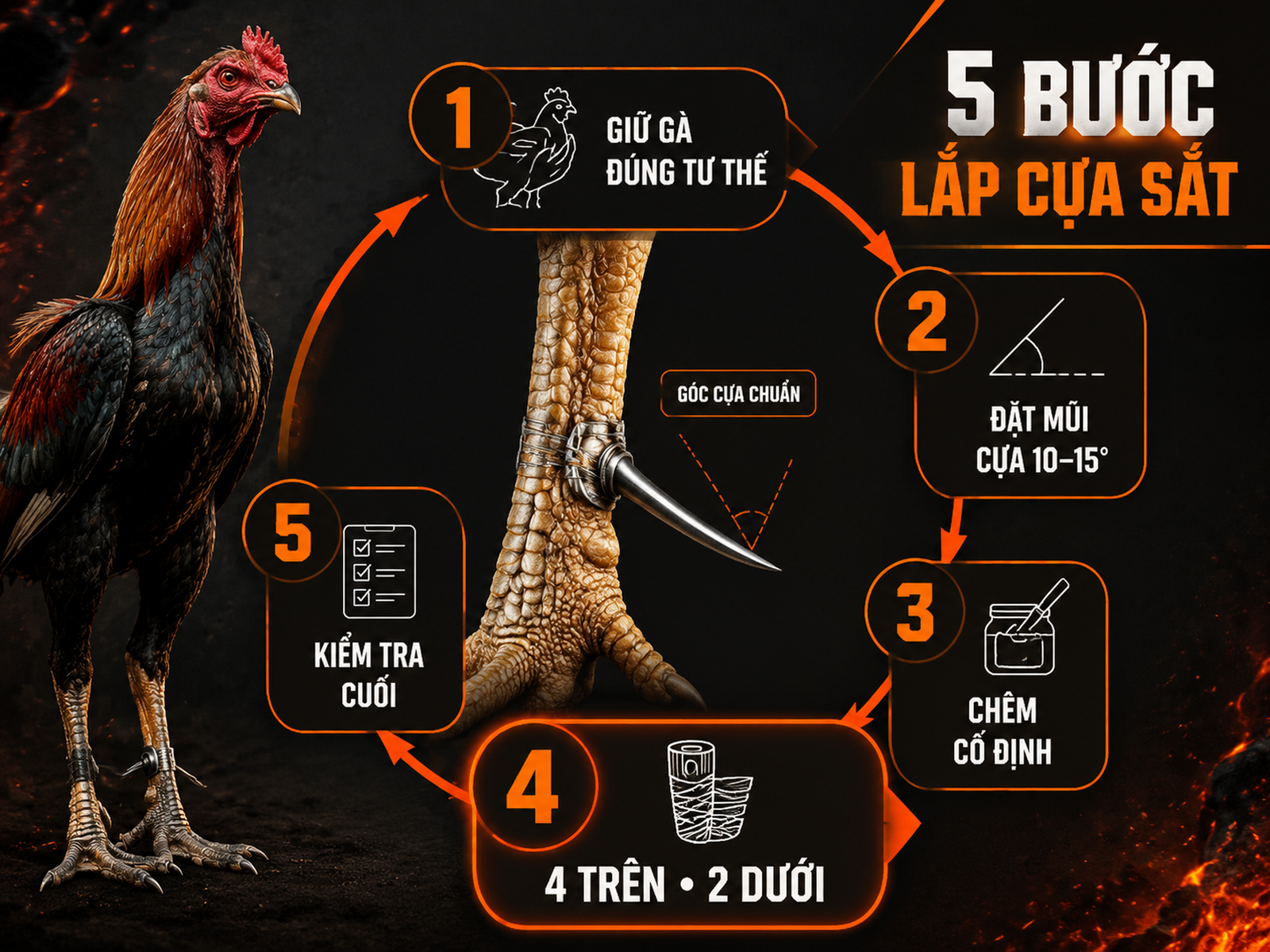 Infographic 5 bước lắp cựa sắt chuẩn Mỹ cho gà chiến với quy tắc 4 trên 2 dưới và kiểm tra góc cựa
