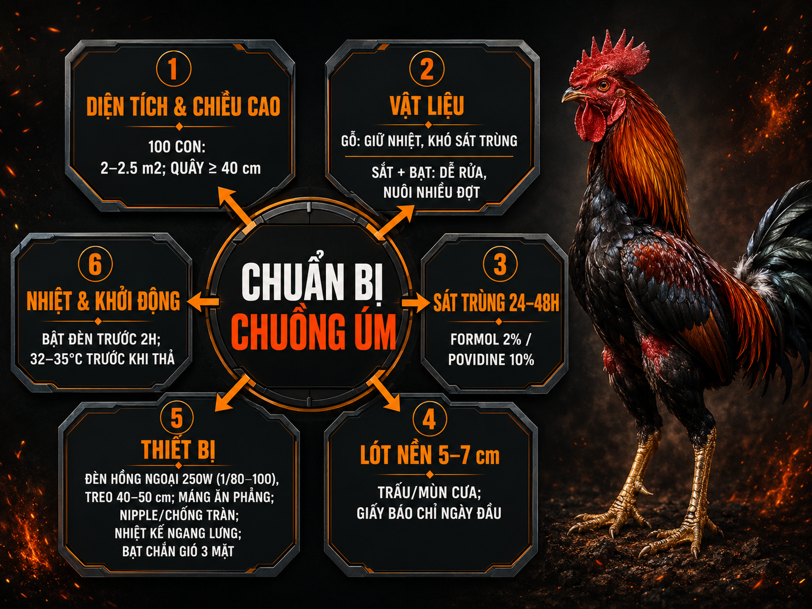 Infographic chuẩn bị chuồng úm gà con: diện tích, vật liệu, sát trùng, lót nền, thiết bị và nhiệt độ