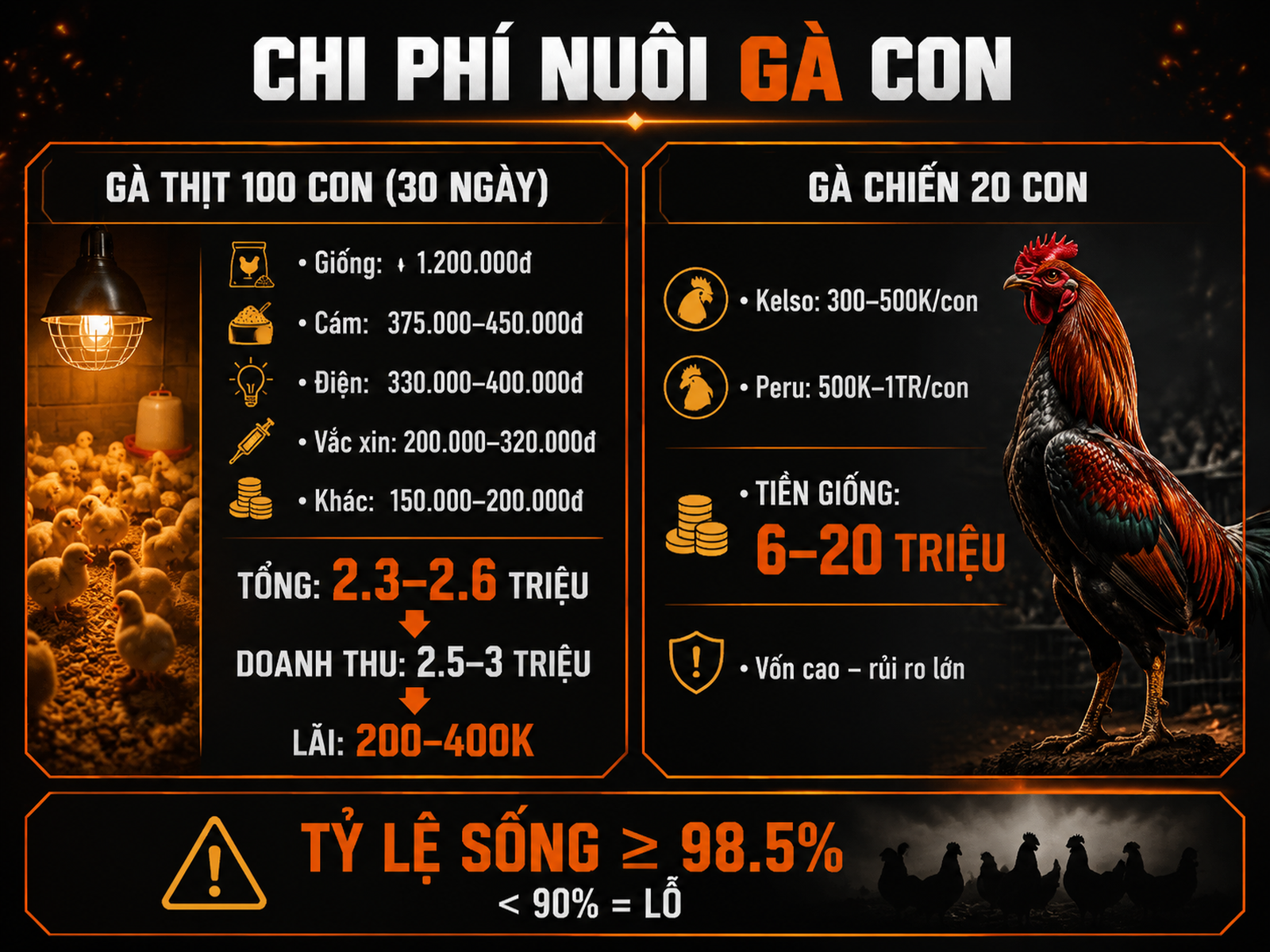 Infographic so sánh chi phí nuôi 100 gà con 30 ngày và 20 gà chiến, lợi nhuận và rủi ro
