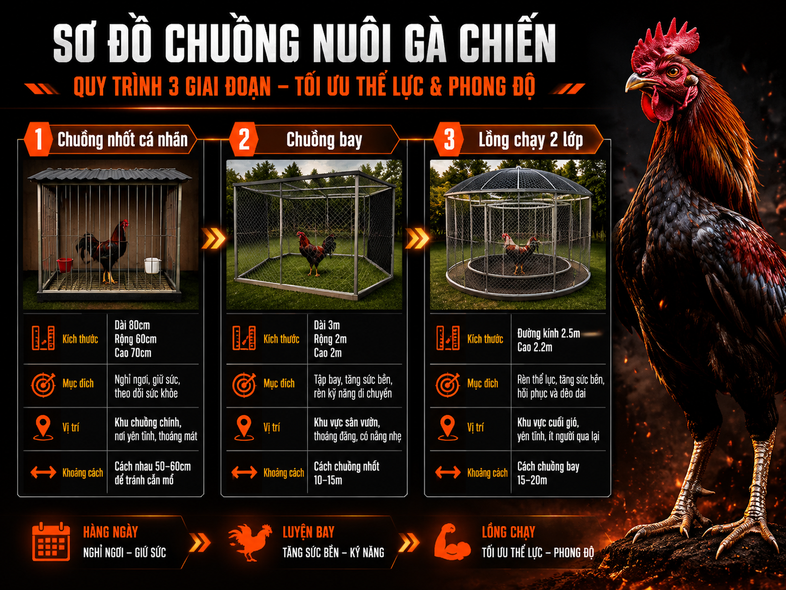 Sơ đồ thiết kế chuồng gà chiến, kích thước và vị trí hợp lý, hướng dẫn nuôi gà đá