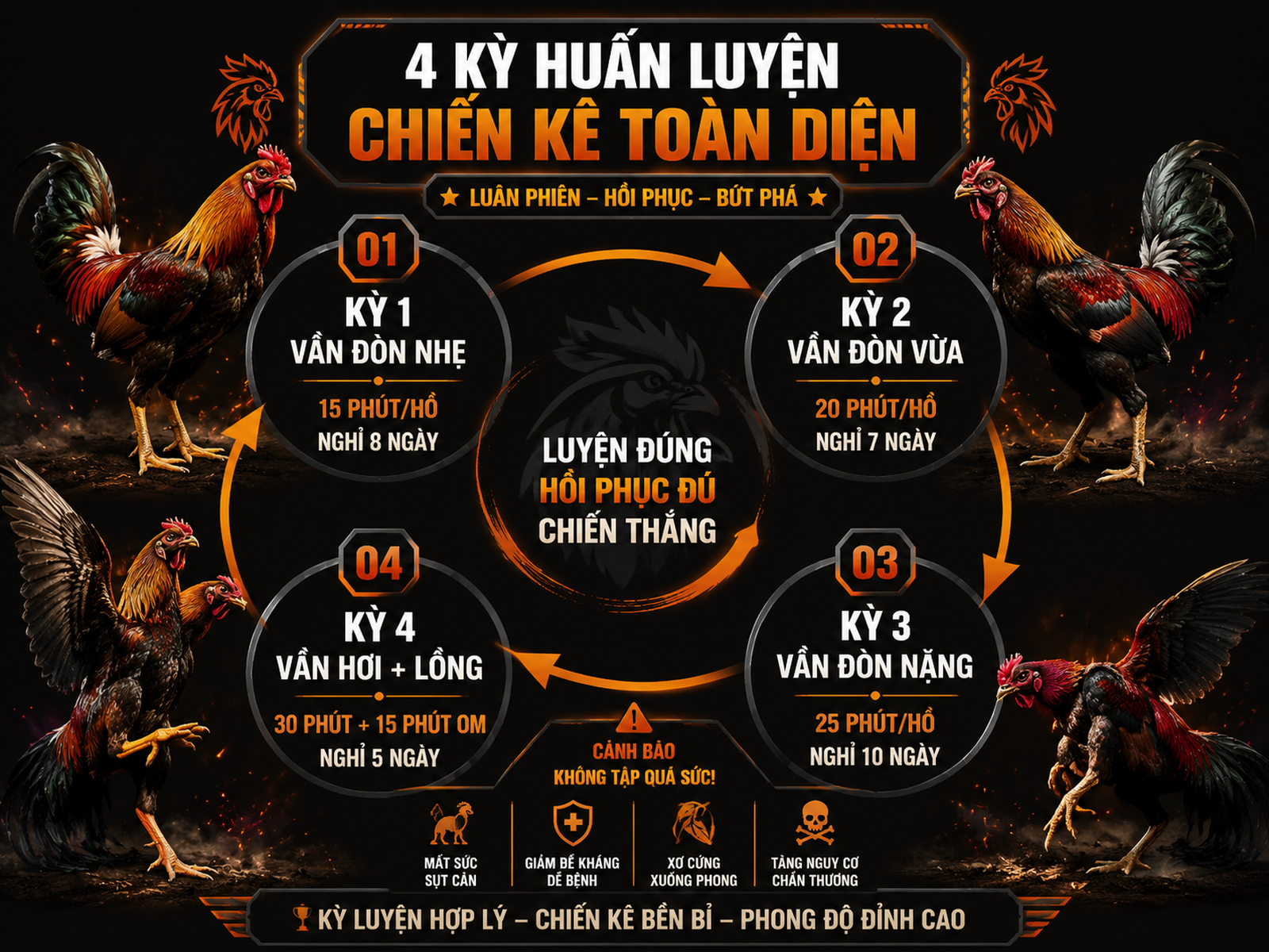 Infographic vòng tròn minh họa 4 kỳ vần gà đá: vần đòn nhẹ, vừa, nặng và vần hơi + lồng, kèm thời lượng và nghỉ