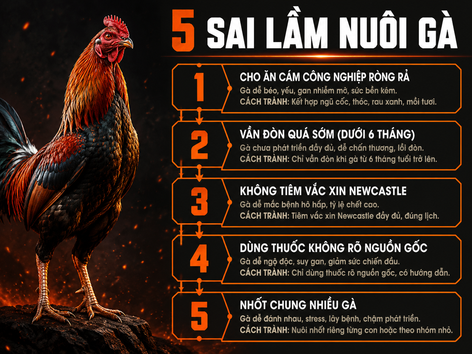 Hình infographic tóm tắt 5 sai lầm phổ biến khi nuôi gà chiến và cách tránh, sắp xếp theo thứ tự dễ đọc