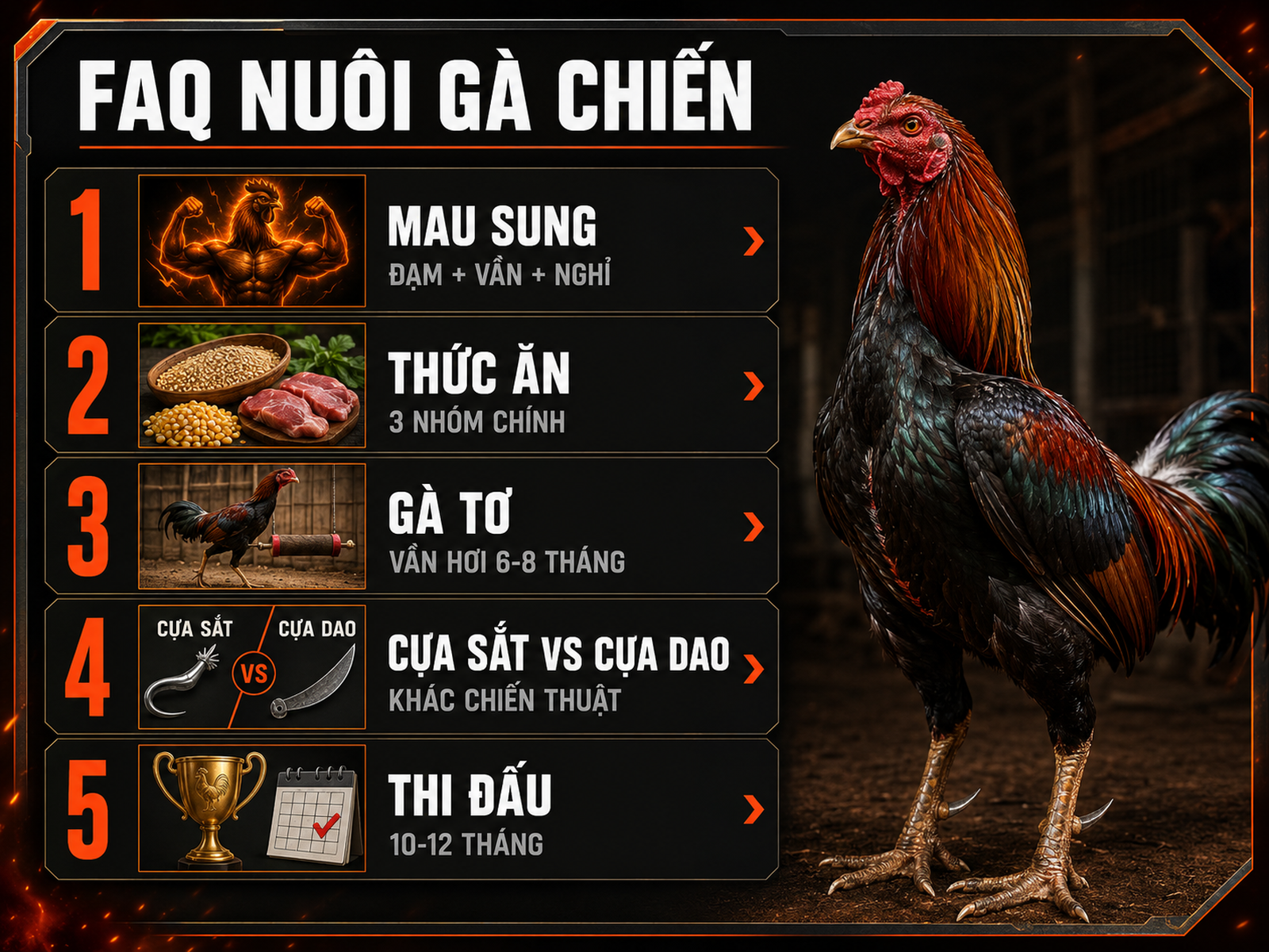 Infographic câu hỏi thường gặp về cách nuôi gà chiến: dinh dưỡng, tập luyện, vần gà tơ, cựa sắt và độ tuổi thi đấu