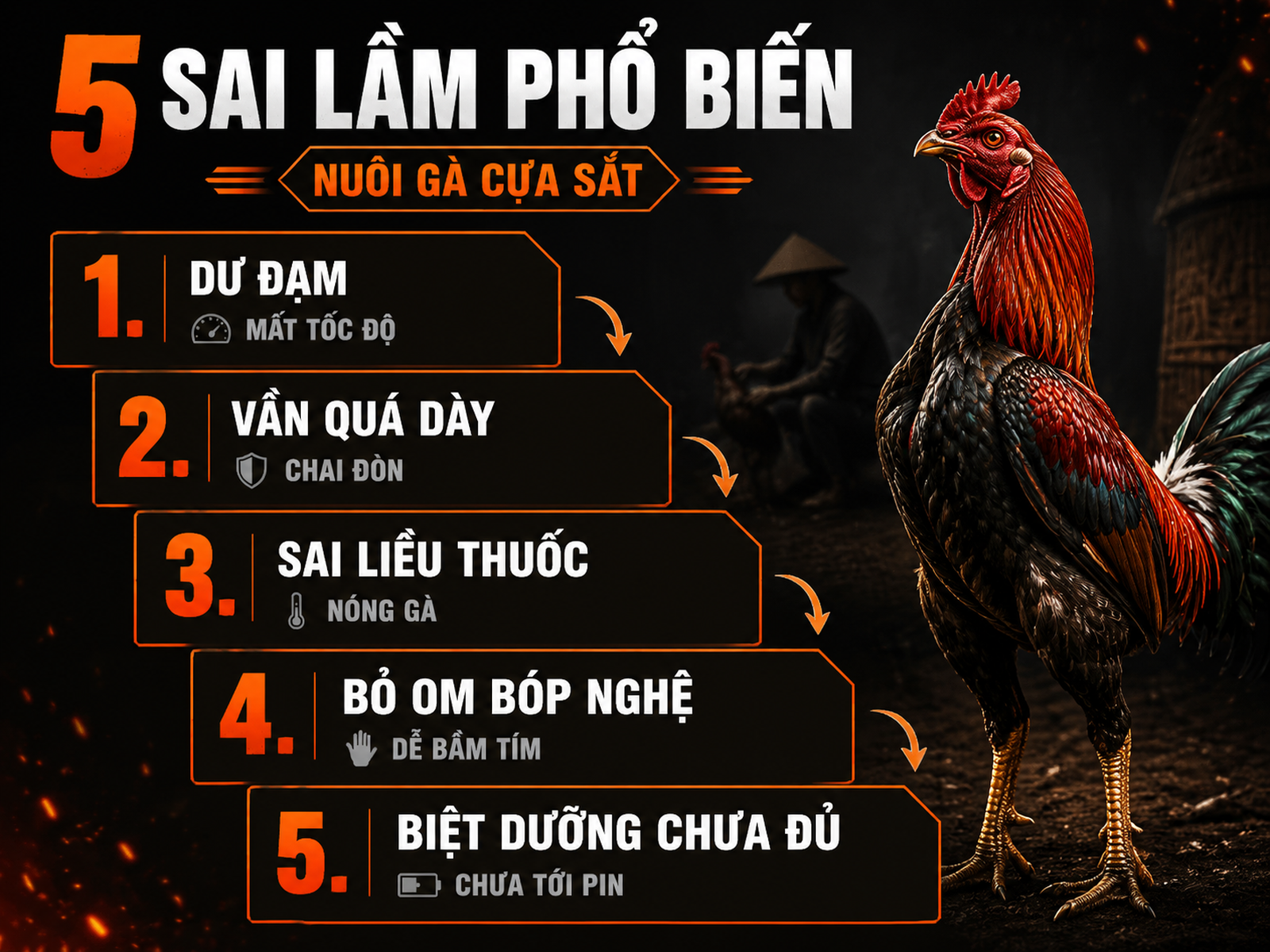 Infographic 5 sai lầm phổ biến khi nuôi gà đá cựa sắt: dư đạm, vần quá dày, chích sai liều, bỏ om bóp nghệ, biệt dưỡng chưa đủ ngày.