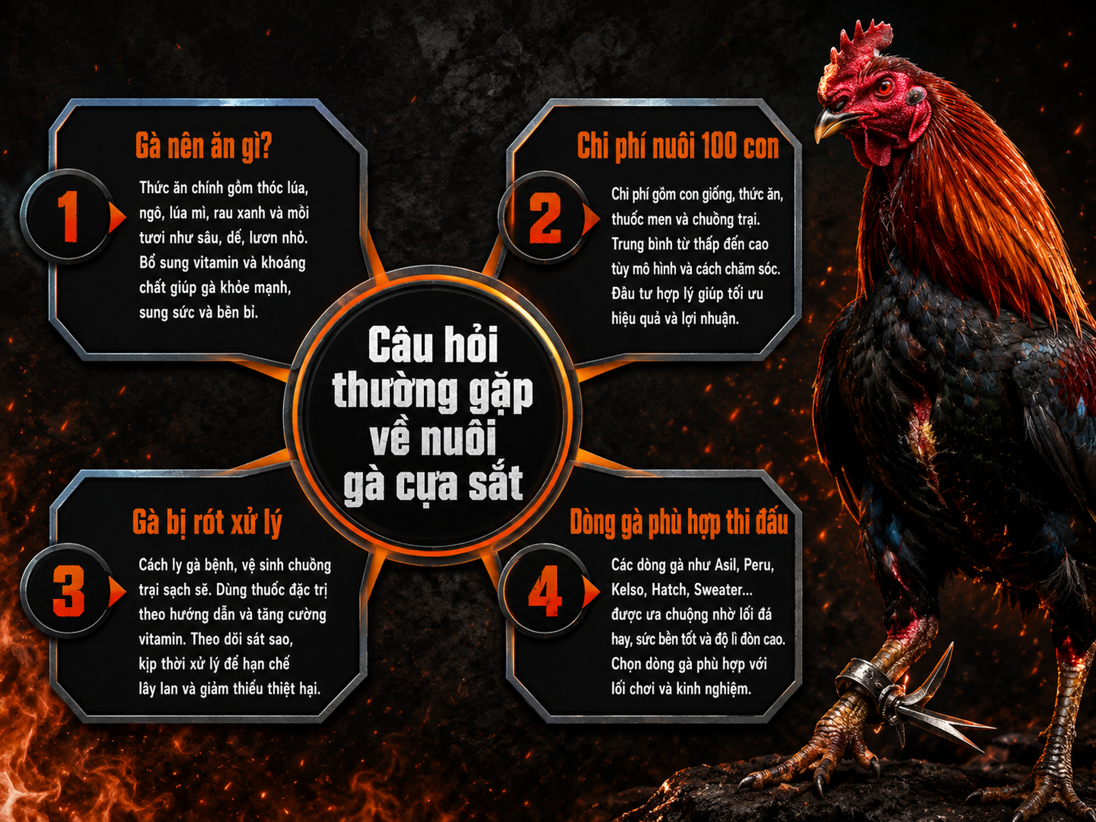 Infographic FAQ nuôi gà cựa sắt: dinh dưỡng, chi phí, phục hồi, dòng gà thi đấu