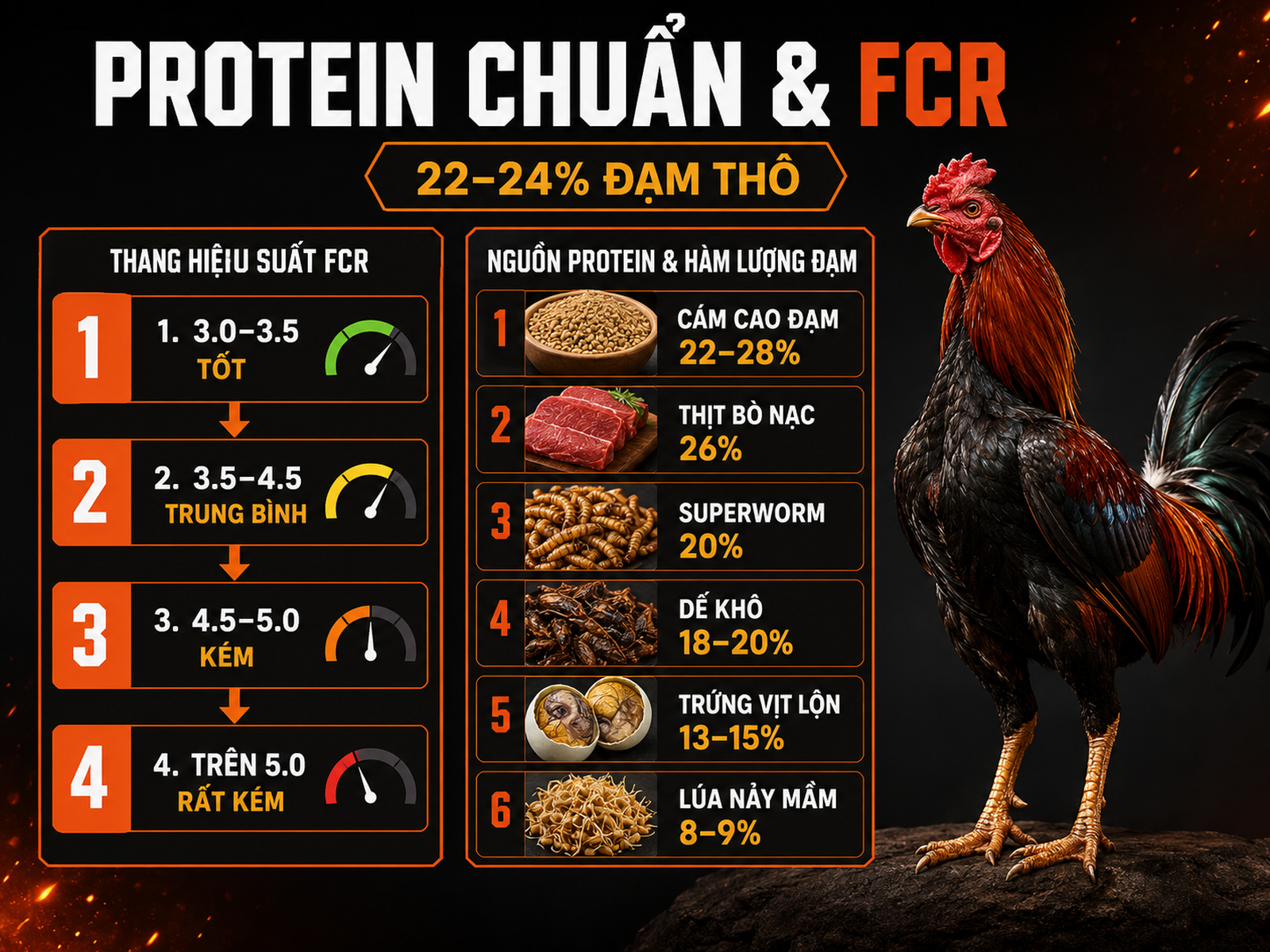 Infographic chỉ số dinh dưỡng chuẩn cho gà chiến với protein 22–24% và bảng đánh giá FCR