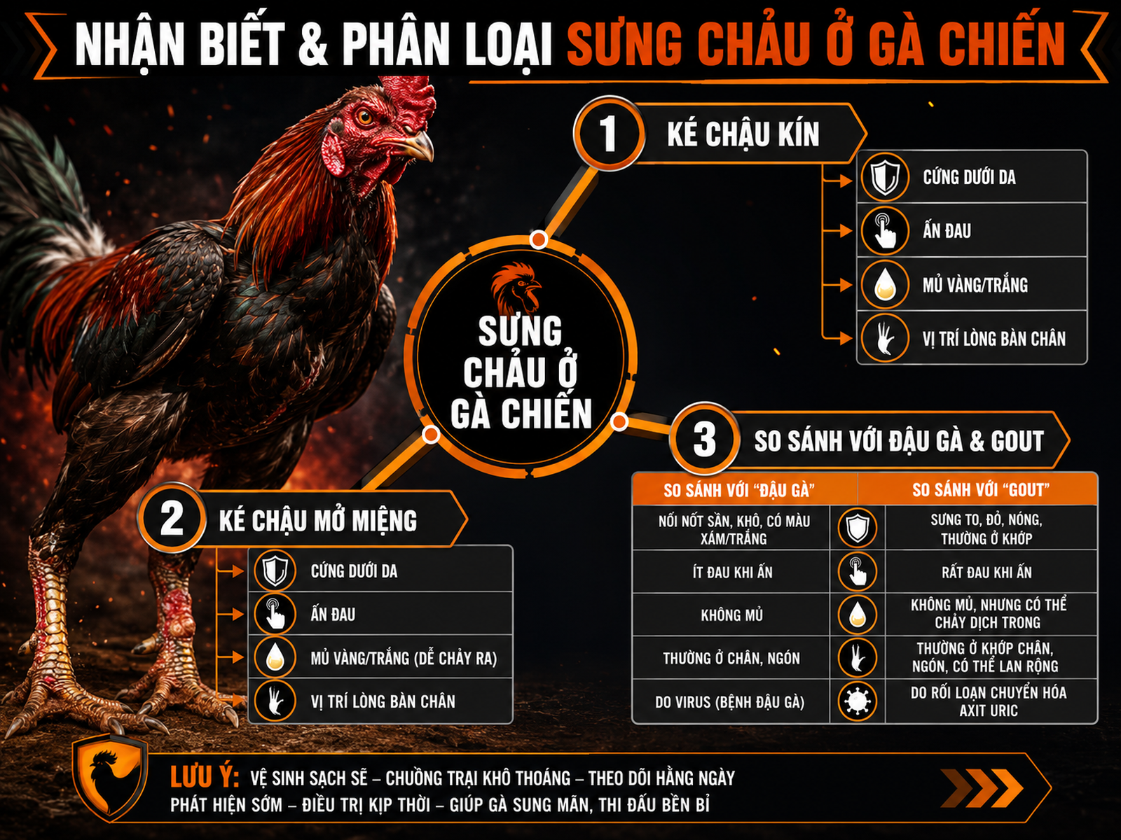 Sơ đồ phân biệt các dạng sưng chảu ở gà chiến, kèm nhãn và biểu tượng triệu chứng