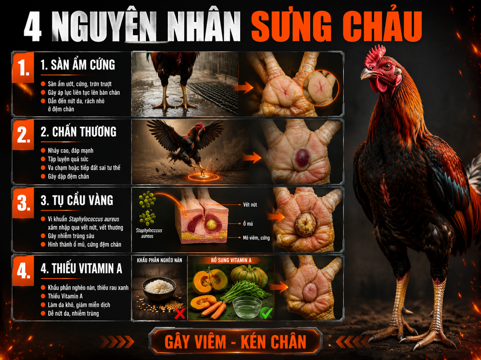 Infographic nguyên nhân gà chiến bị sưng chảu với 4 tác nhân chính gây viêm và kén chân