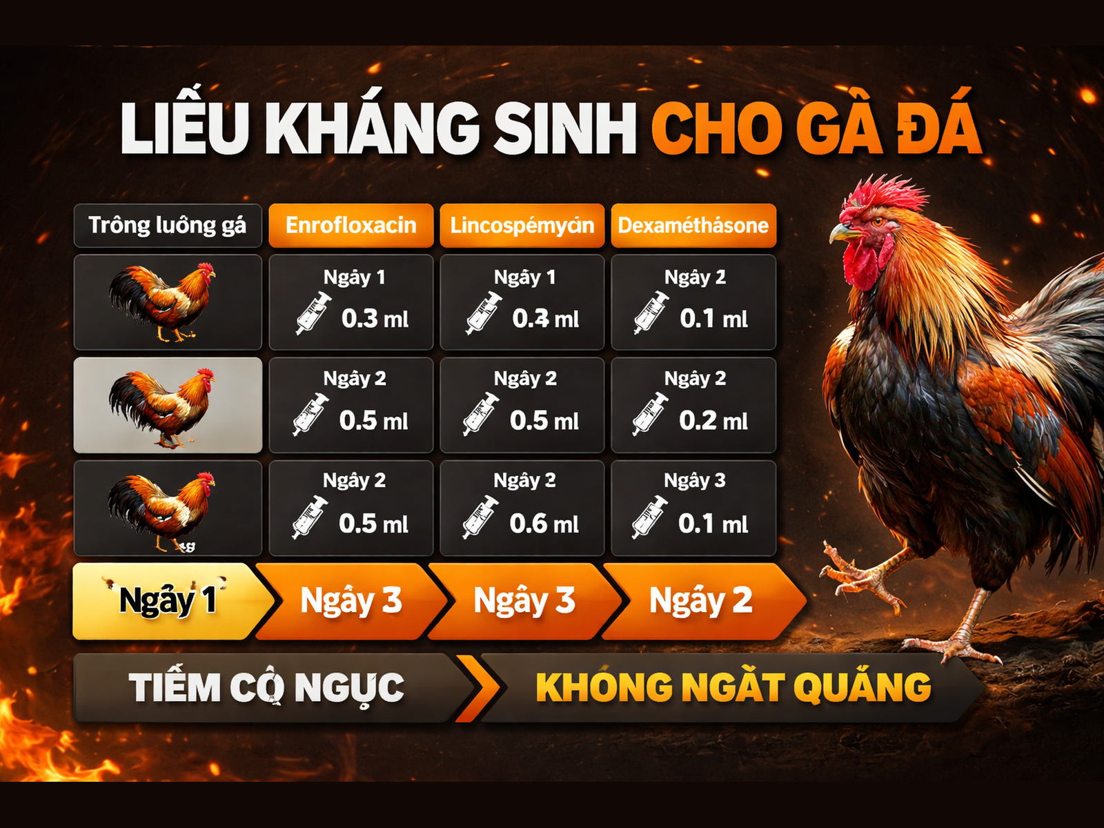 Hình minh họa phác đồ thuốc kháng sinh trị sưng chảu gà chiến theo trọng lượng và ngày tiêm, bảng ô lưới trực quan, dễ đọc