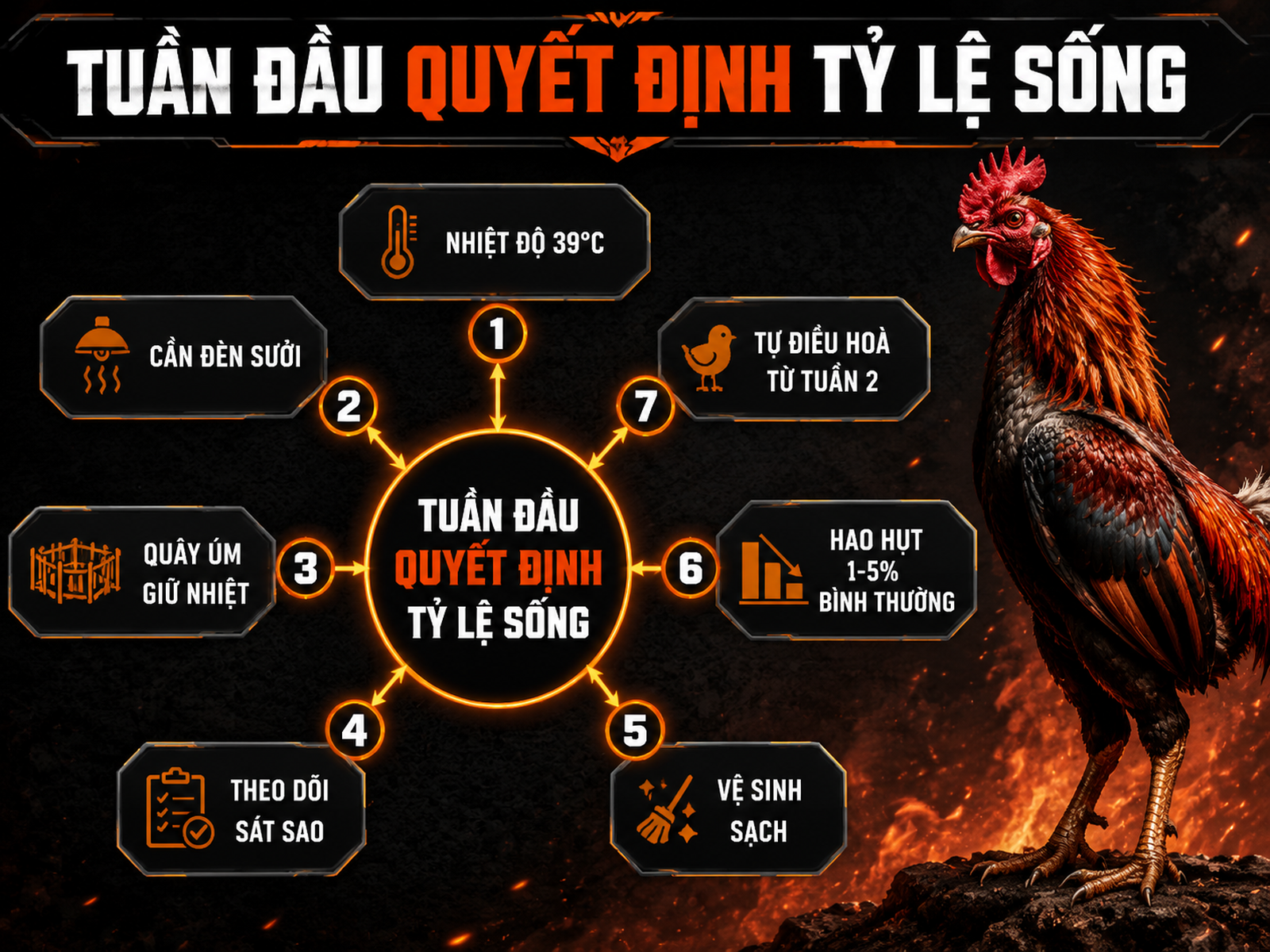 Diagram minh hoạ tầm quan trọng tuần đầu trong úm gà con, các yếu tố như nhiệt độ, quây úm, sưởi, vệ sinh, tỷ lệ hao hụt