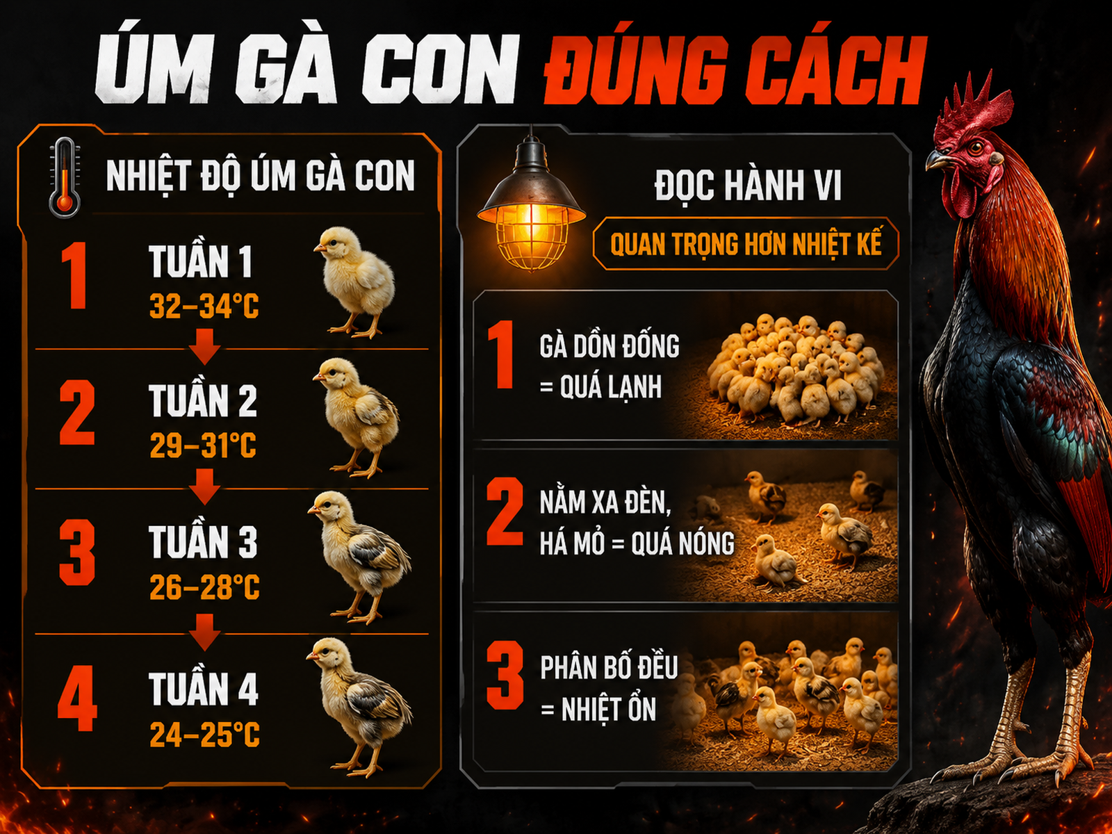 Infographic nhiệt độ úm gà con theo tuần và dấu hiệu nhận biết quá lạnh, quá nóng, nhiệt độ ổn định