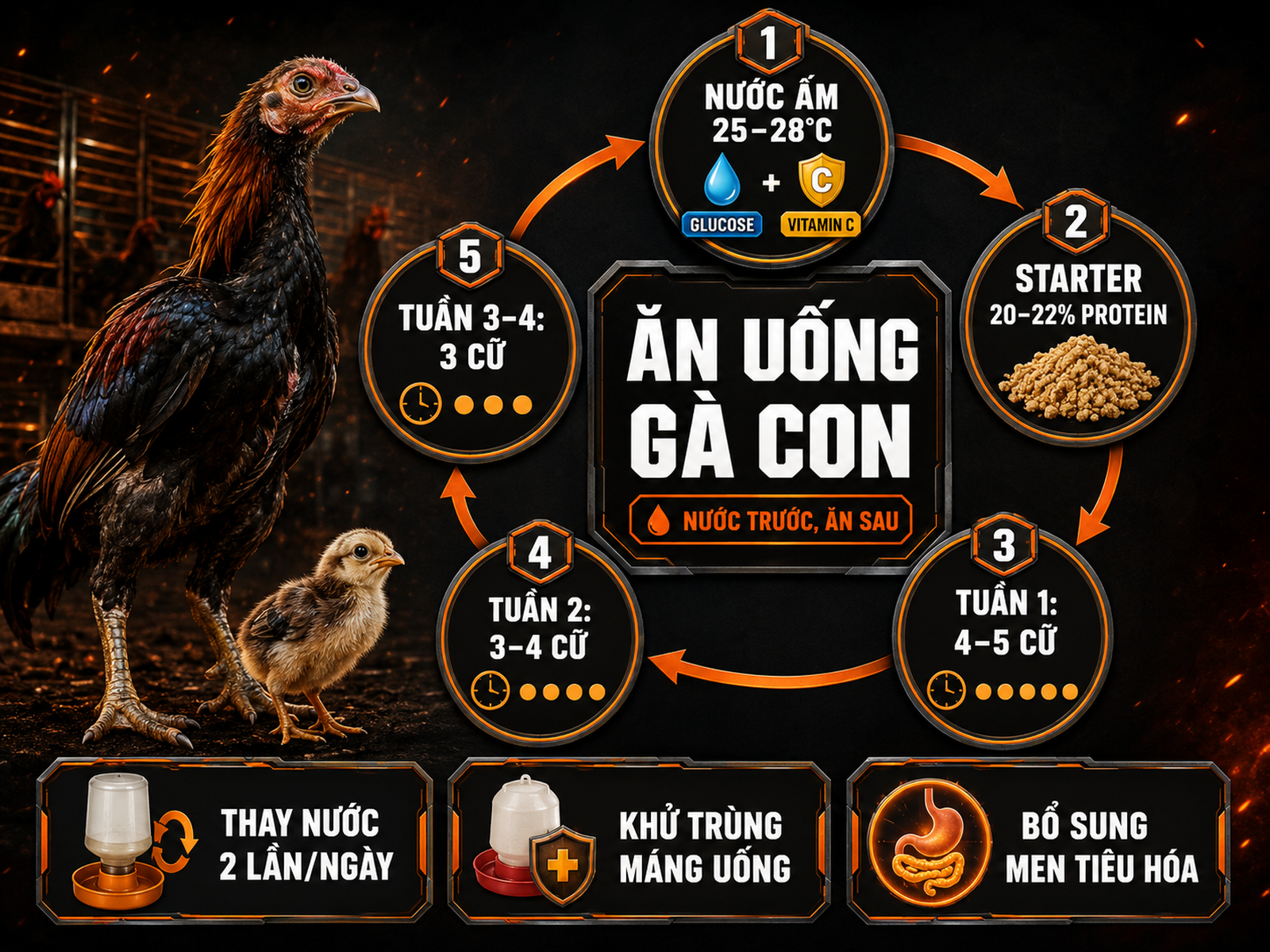 Infographic kỹ thuật cho gà con mới nở uống nước, ăn cám starter và lịch cho ăn tuần 1-4