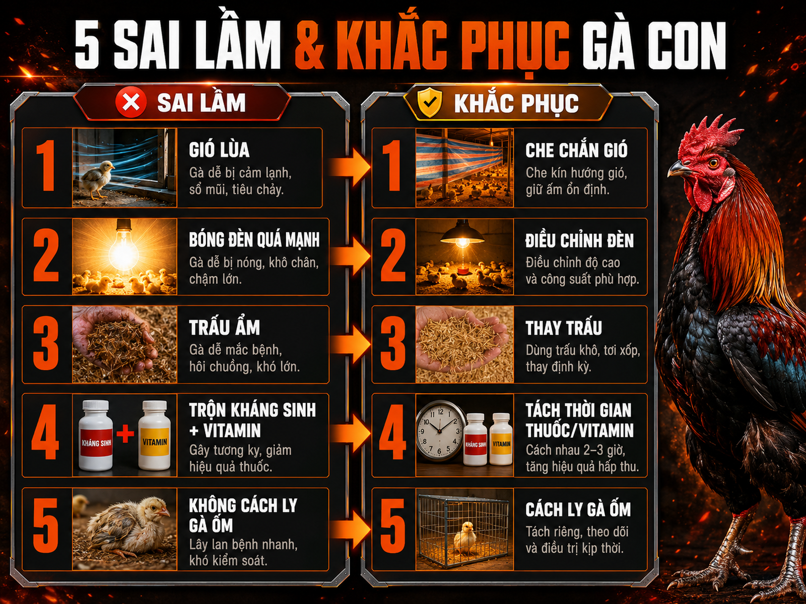 5 sai lầm khi úm gà con và cách khắc phục, infographic split comparison trực quan, dễ hiểu