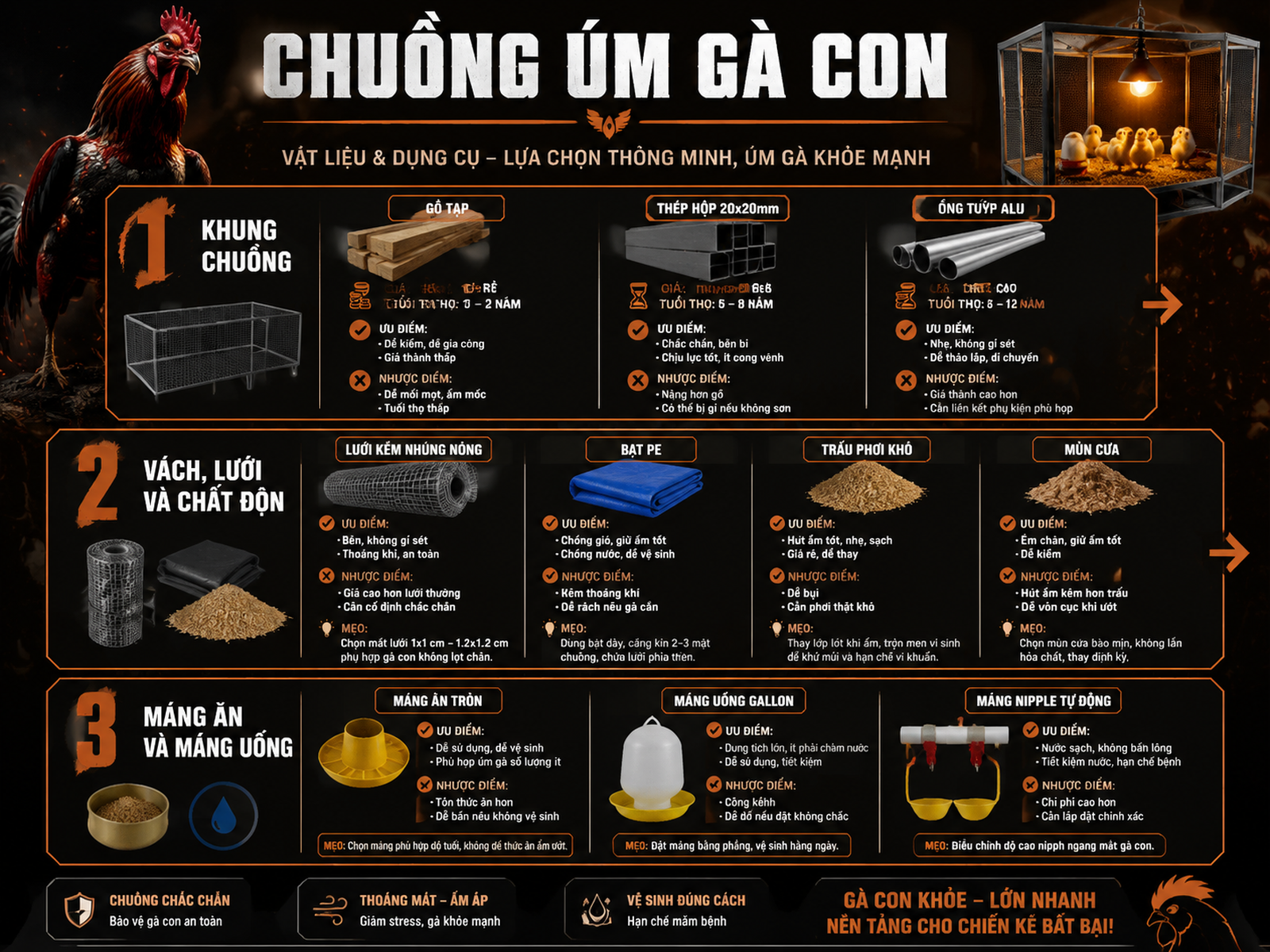 So sánh vật liệu và dụng cụ chuồng úm gà con với ưu nhược điểm, tuổi thọ, giá, bố trí từ khung đến máng ăn uống.