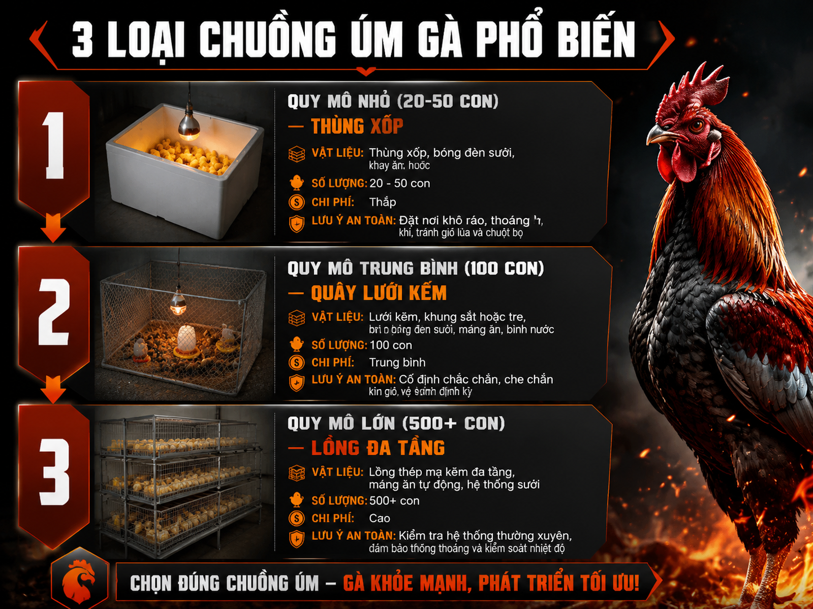 Minh họa các quy mô chuồng úm gà con: thùng xốp, quây lưới kẽm, lồng đa tầng, hướng dẫn vật liệu và cách bố trí.