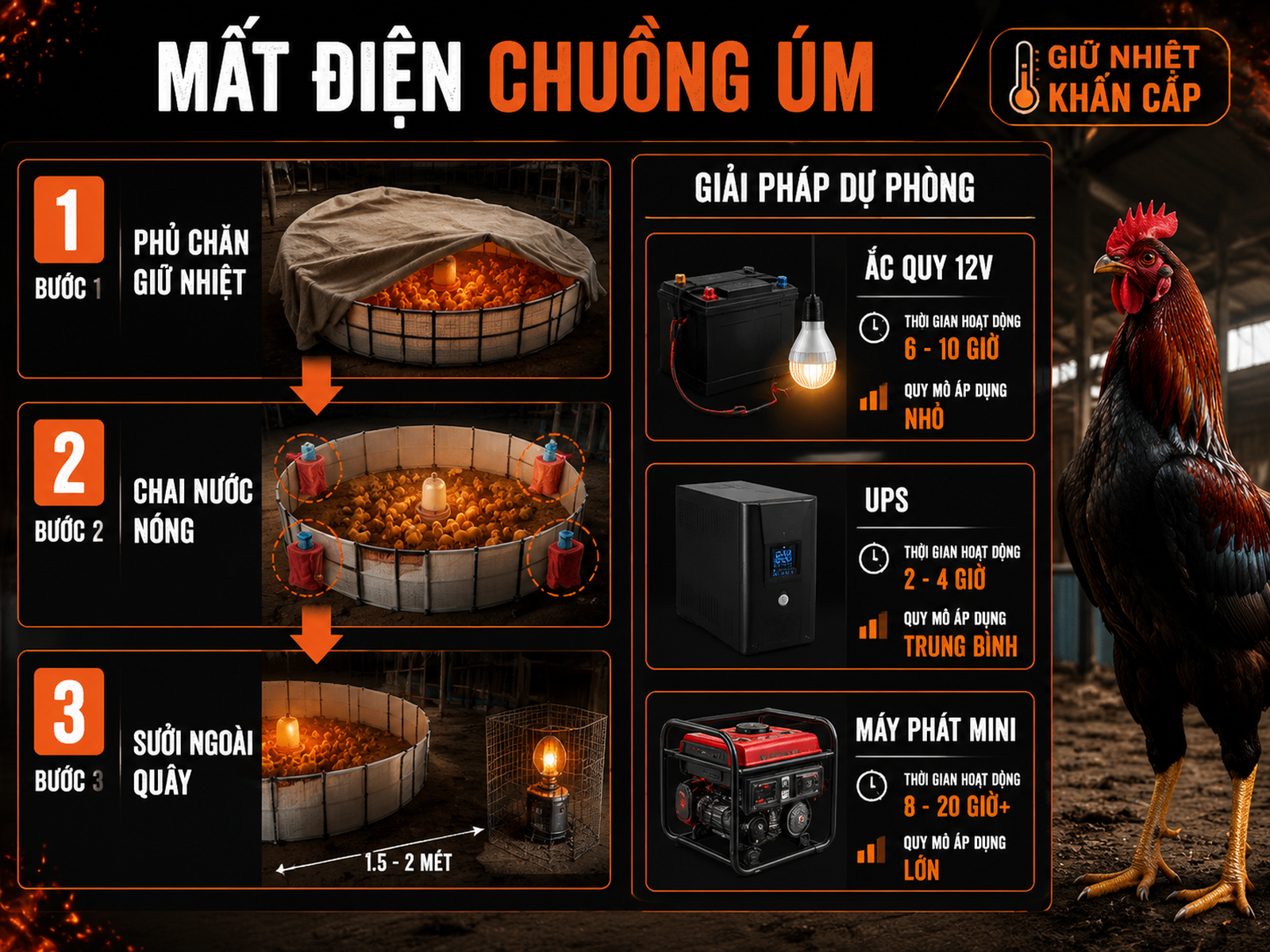 Infographic 3 bước xử lý mất điện chuồng úm gà con và các giải pháp điện dự phòng dài hạn