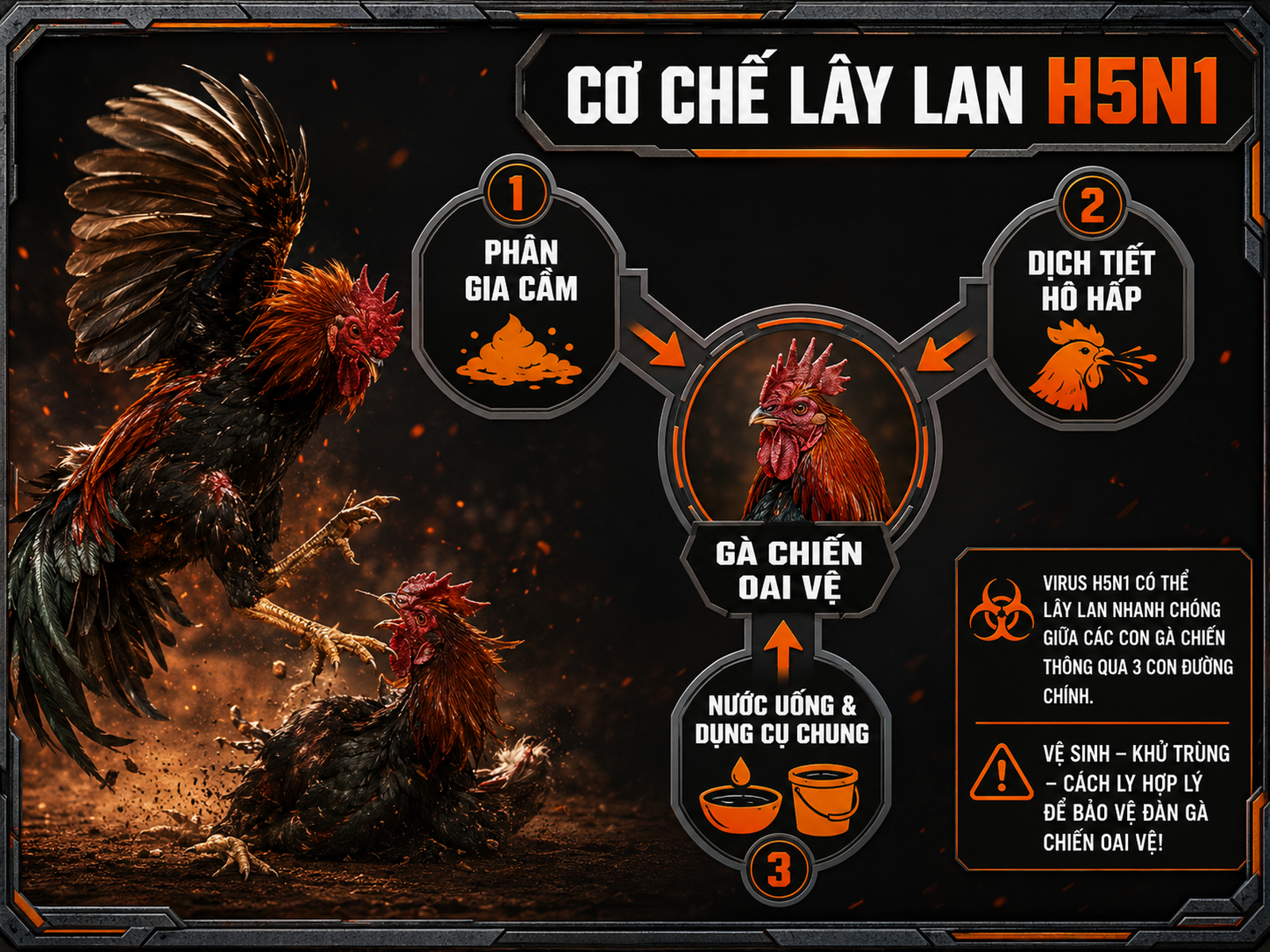 Minh hoạ cơ chế lây lan virus H5N1 trong đàn gà chiến, các nguồn chính và mũi tên chỉ hướng truyền bệnh