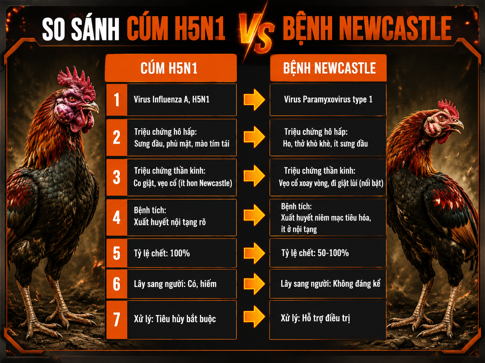 Infographic so sánh triệu chứng và xử lý Cúm H5N1 vs Newcastle trên gà chiến