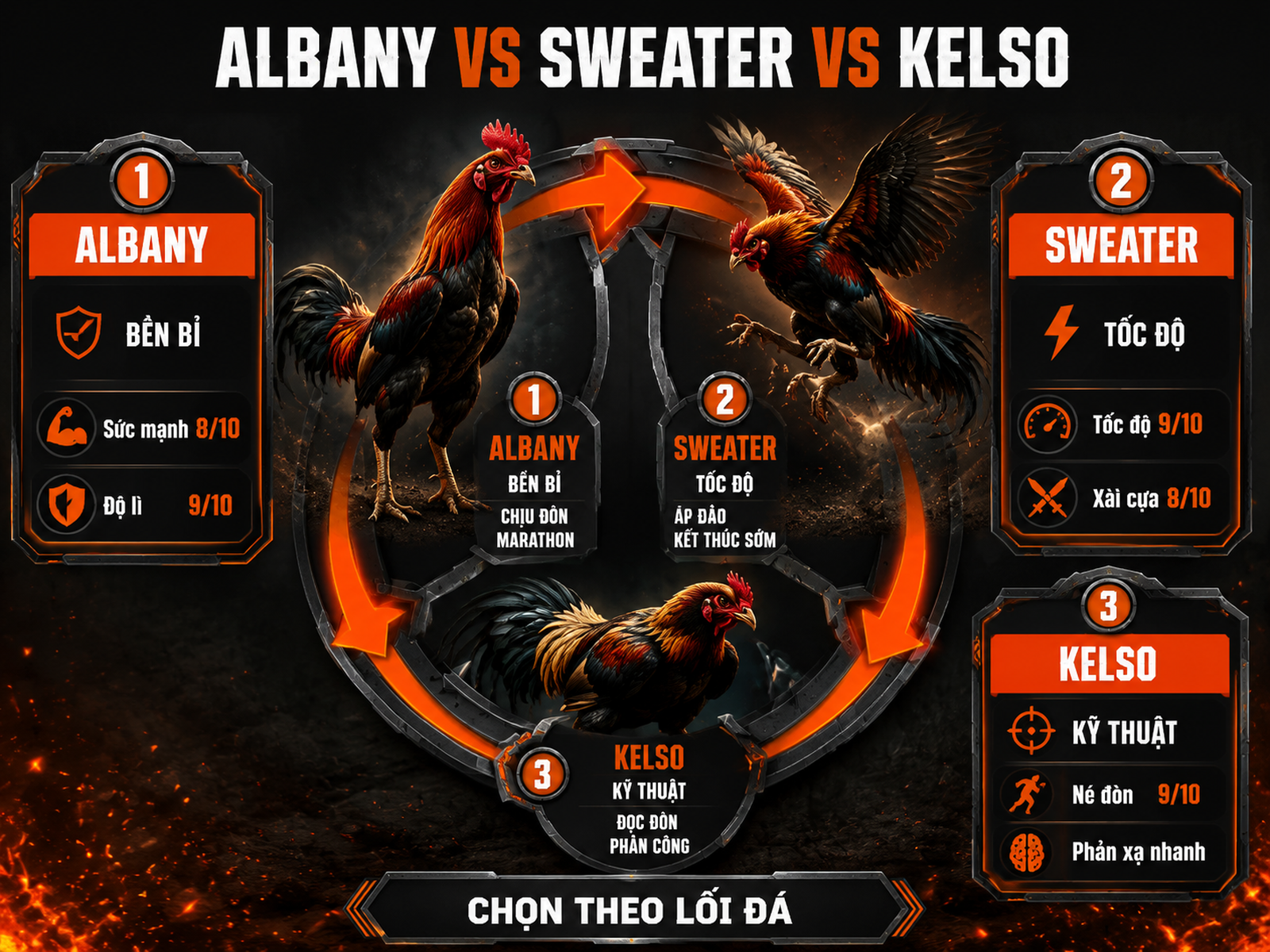So sánh gà Albany, Sweater và Kelso qua tốc độ, sức mạnh, độ lì, né đòn và phong cách thi đấu