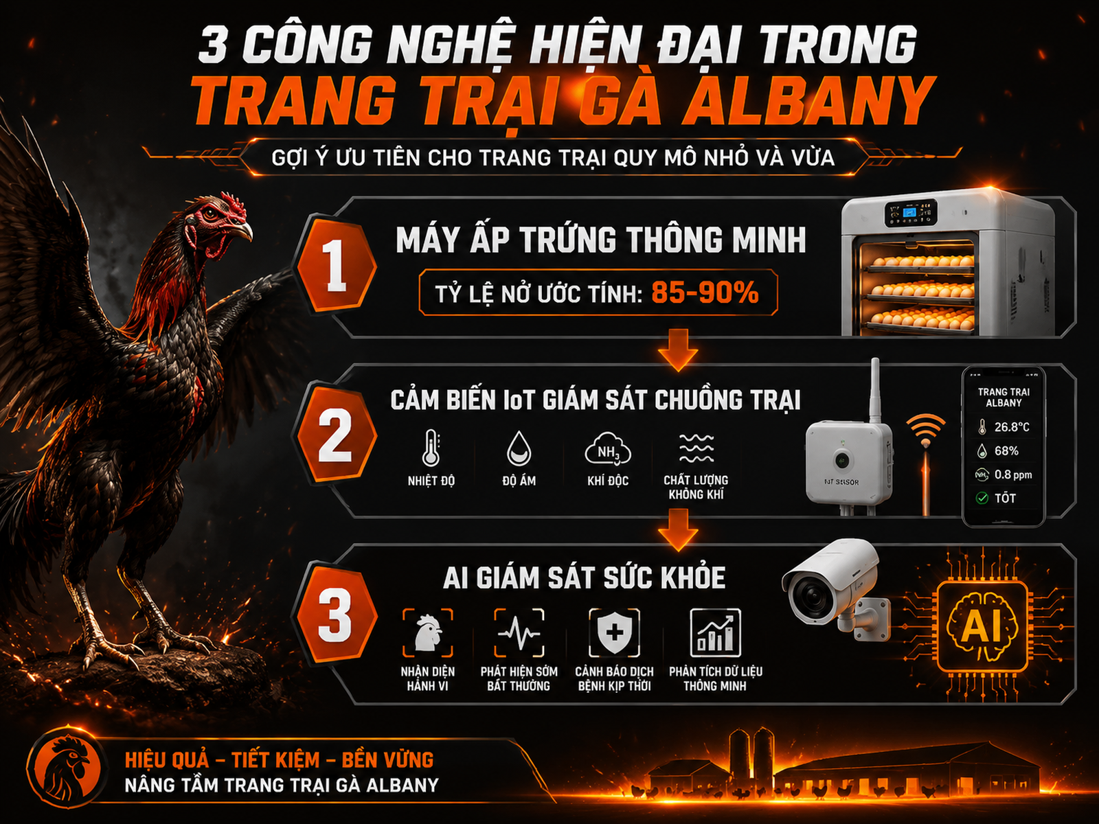 Minh hoạ công nghệ ấp trứng và quản lý trại gà Albany với máy ấp thông minh, cảm biến IoT và AI giám sát sức khỏe